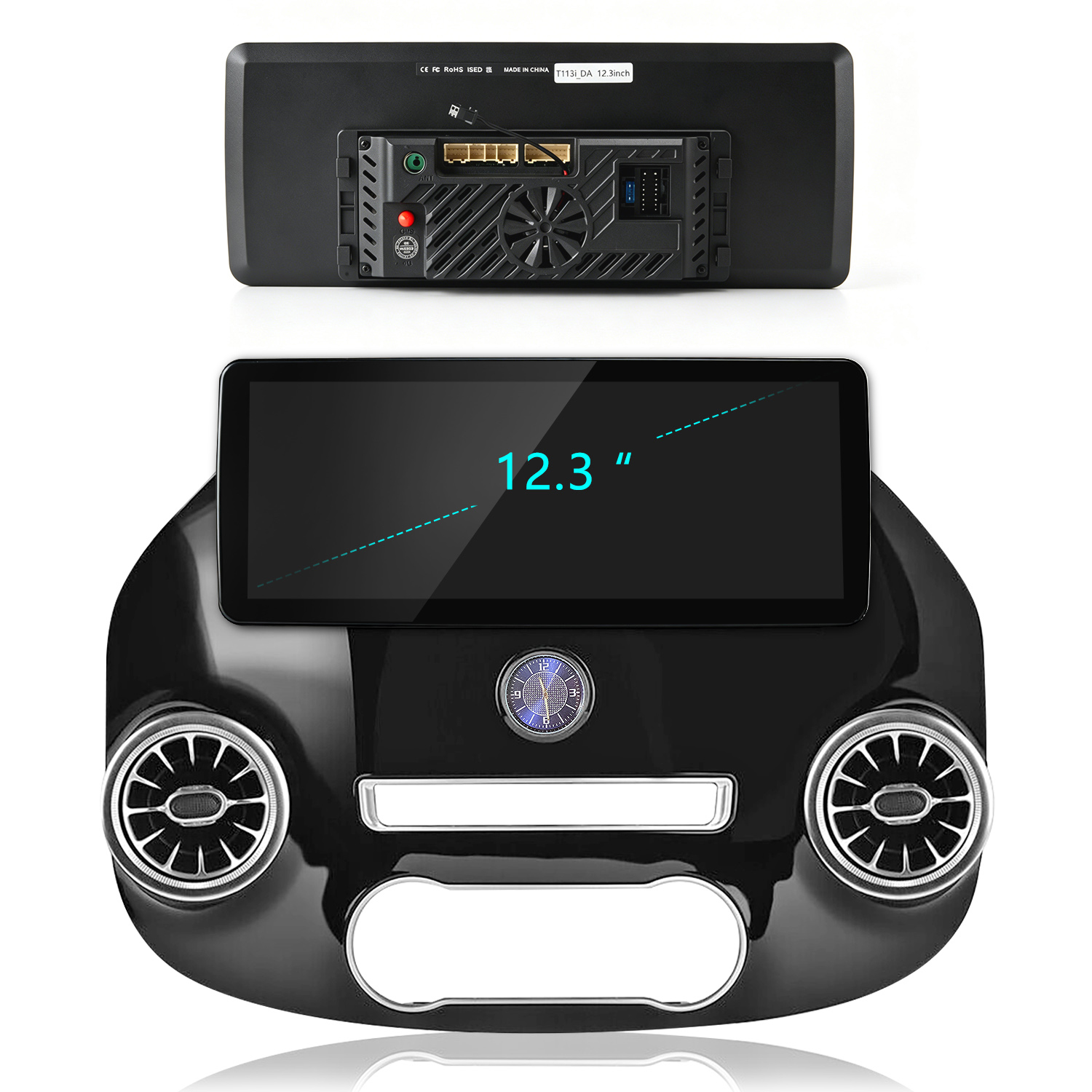 Salpicadero de coche con pantalla de 12.3 pulgadas, rejillas de ventilación y reloj, vista trasera.
