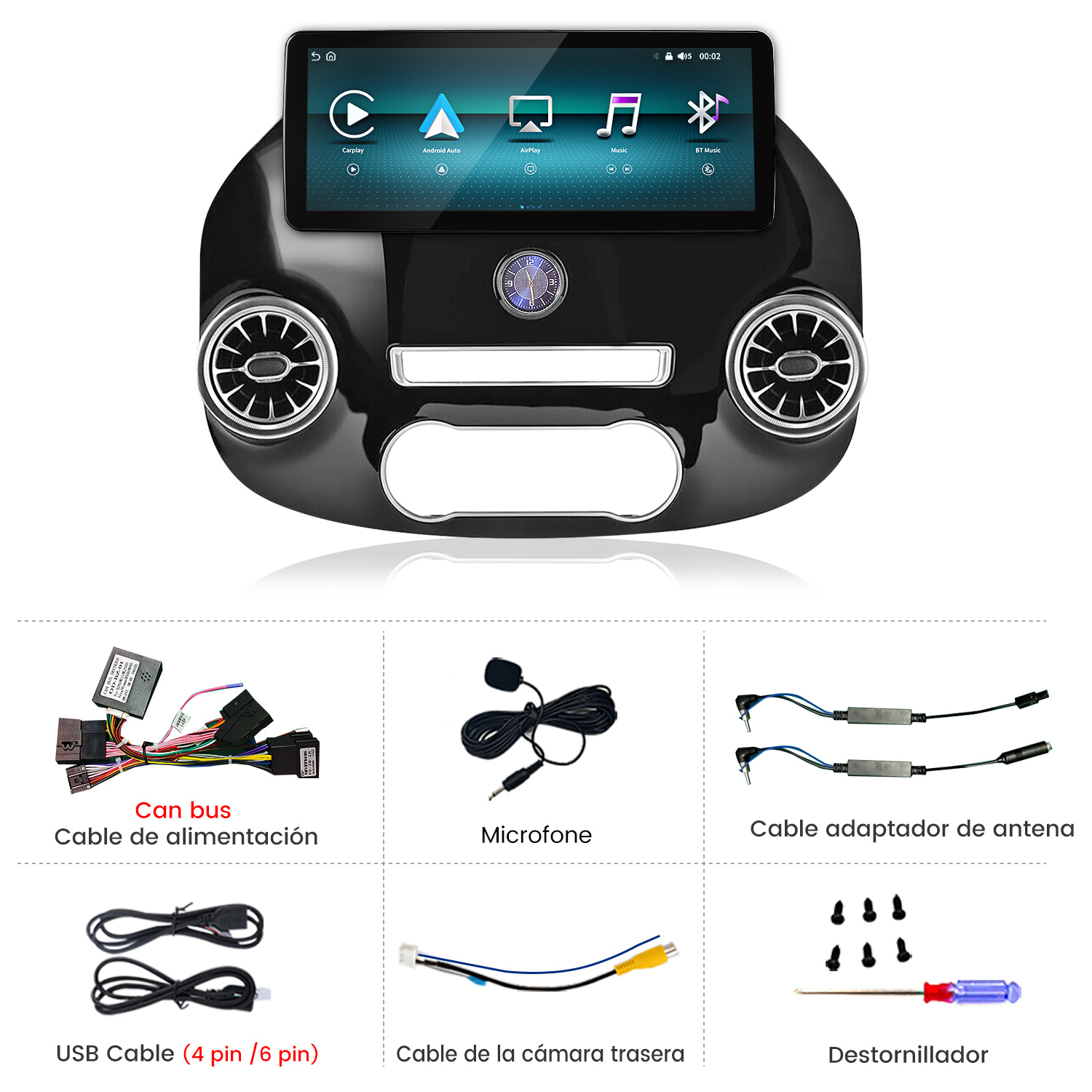 Estéreo de coche negro con pantalla táctil, rejillas de ventilación, reloj, cables, micrófono y herramientas abajo.