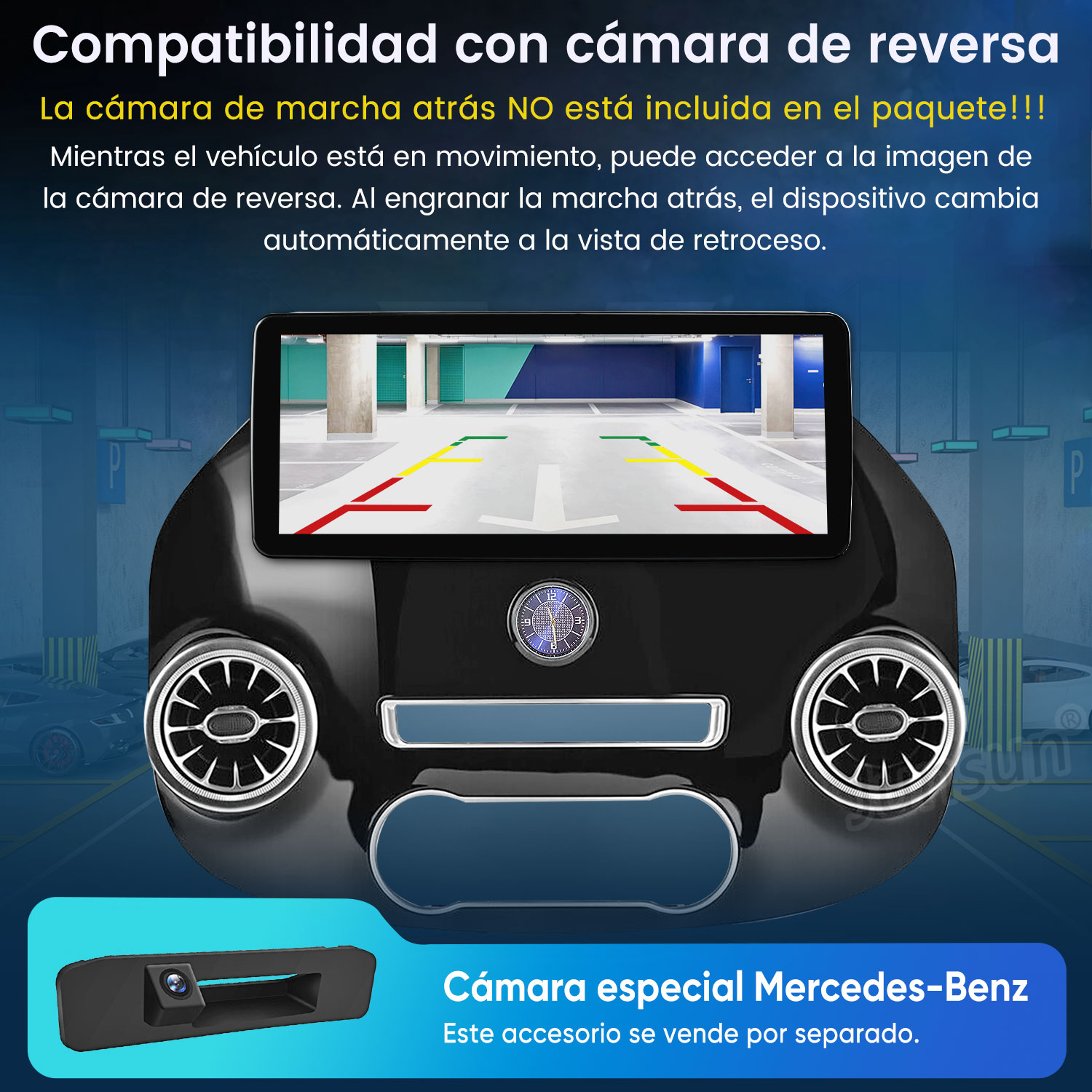 Pantalla de salpicadero de coche con vista de cámara trasera y líneas de guía, rejillas de aire y reloj.