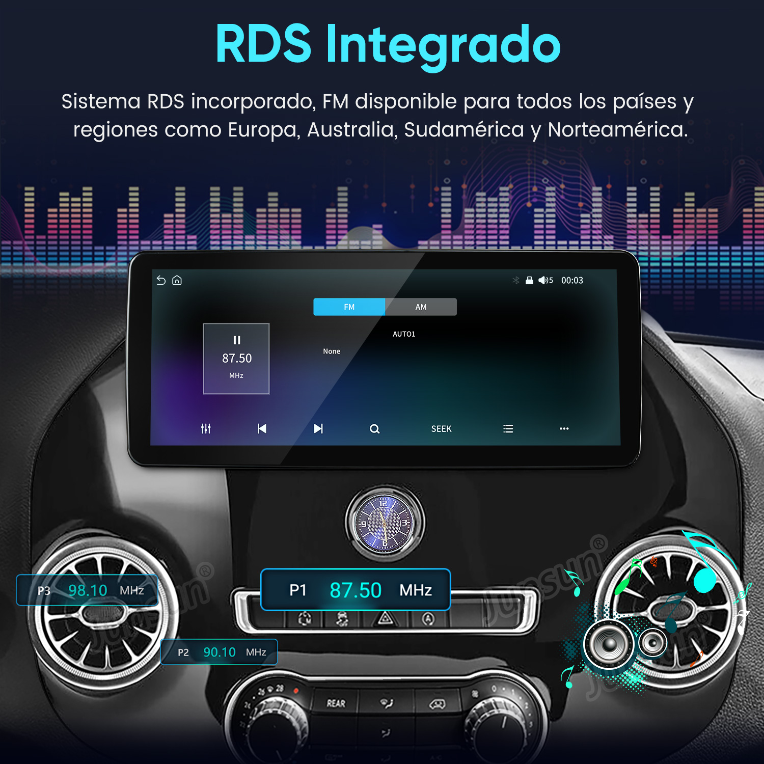 Un tablero de automóvil con un sistema de infoentretenimiento de pantalla táctil digital que muestra una interfaz de radio FM.