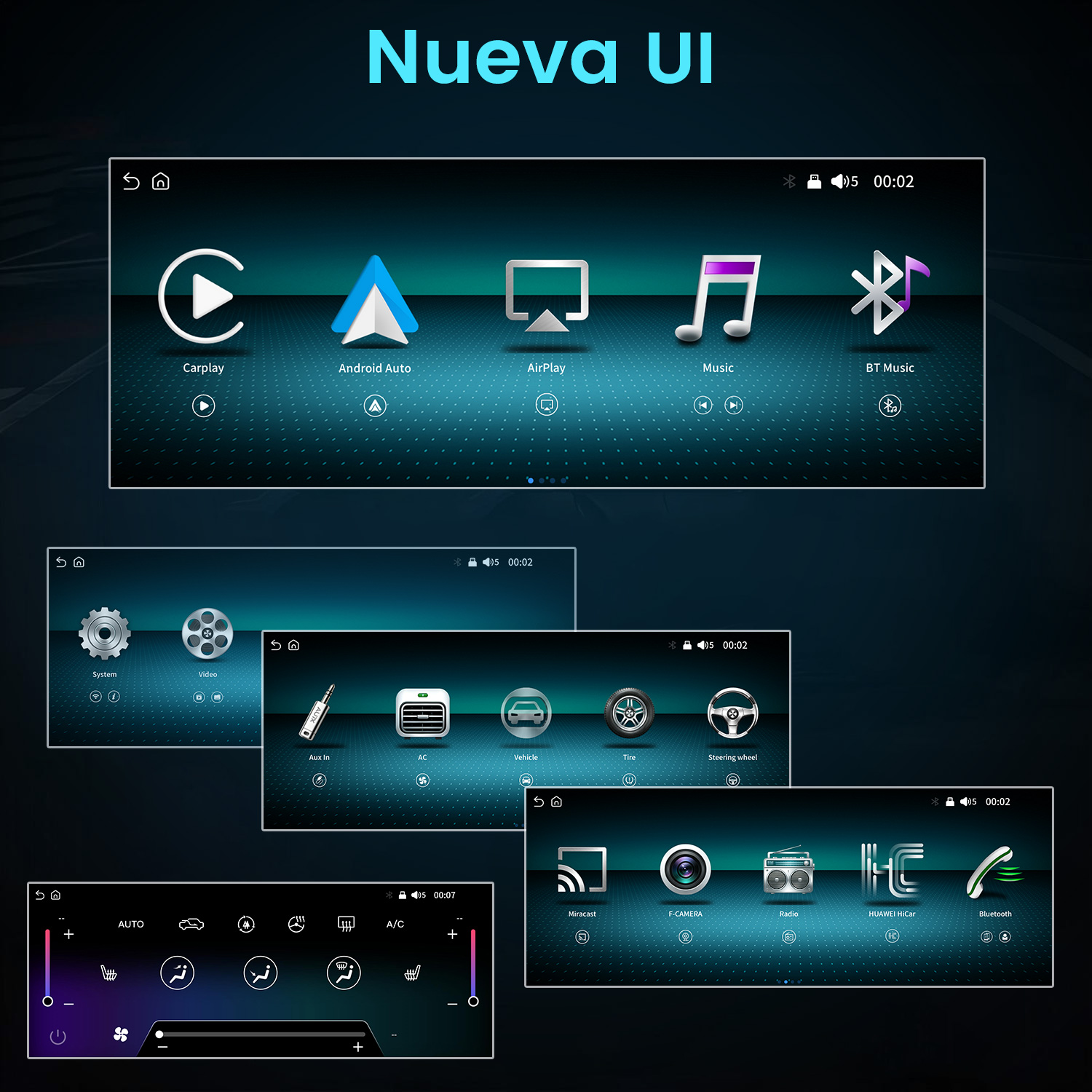 Pantalla de información y entretenimiento con varias interfaces y aplicaciones.
