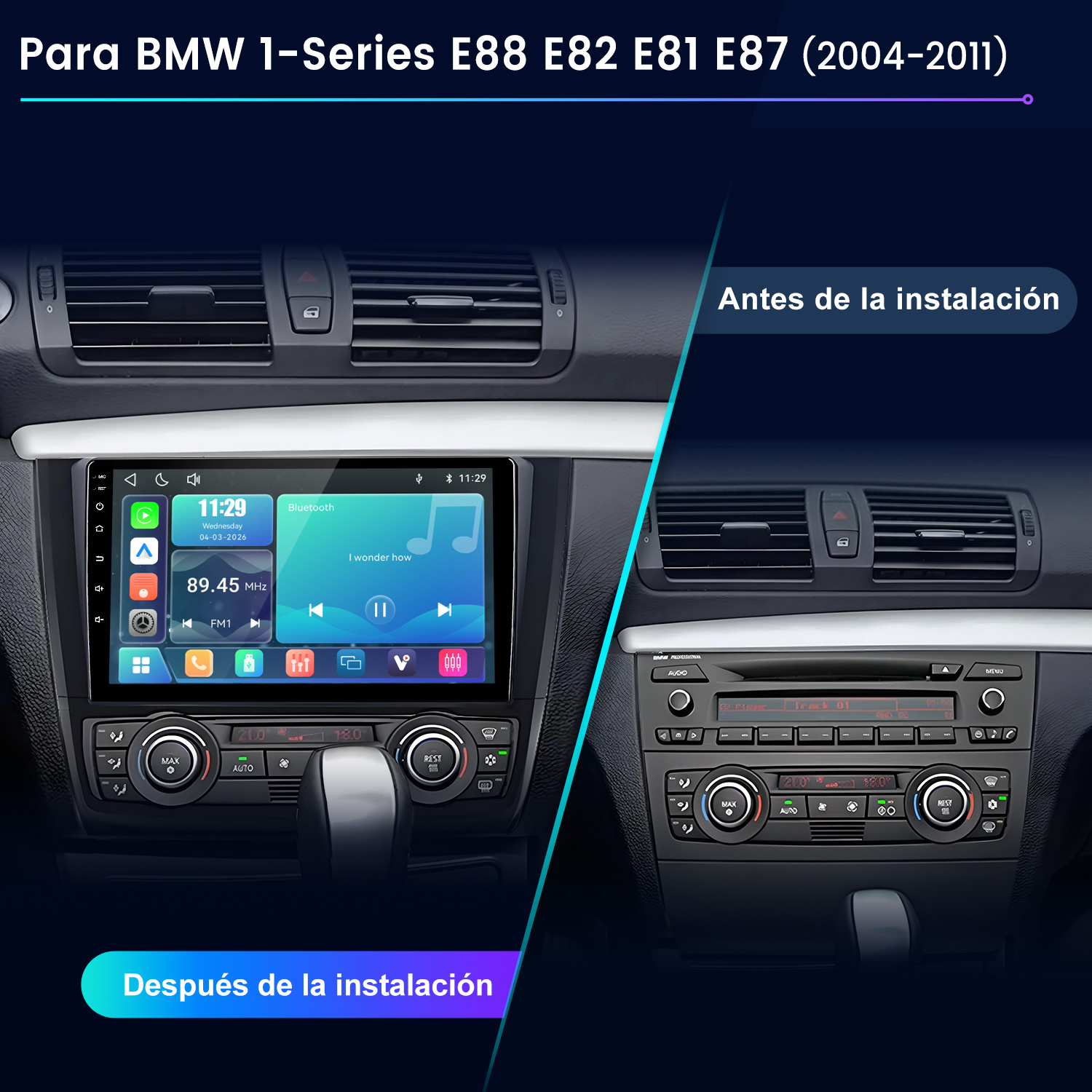 Comparación del interior de un BMW Serie 1 antes y después de instalar una pantalla táctil multimedia.