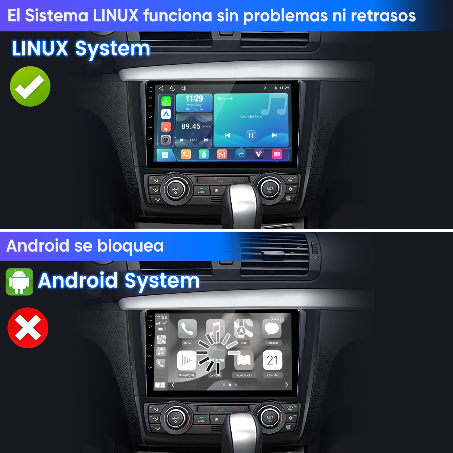Comparación de salpicadero: sistema Linux funciona fluido con tic verde, sistema Android se bloquea con cruz roja.