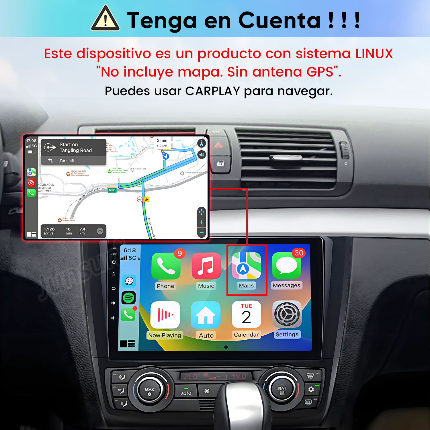 Salpicadero de coche con pantalla digital y mapa de Apple CarPlay, con texto de advertencia en español.