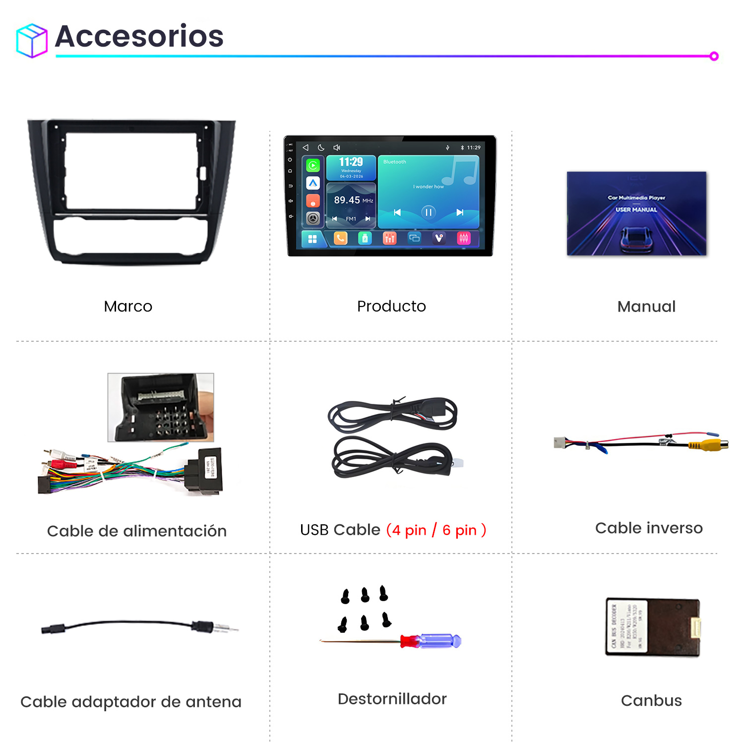 Cuadrícula con accesorios multimedia para coche: marco, pantalla, manual, cables, USB, destornillador y Canbus.
