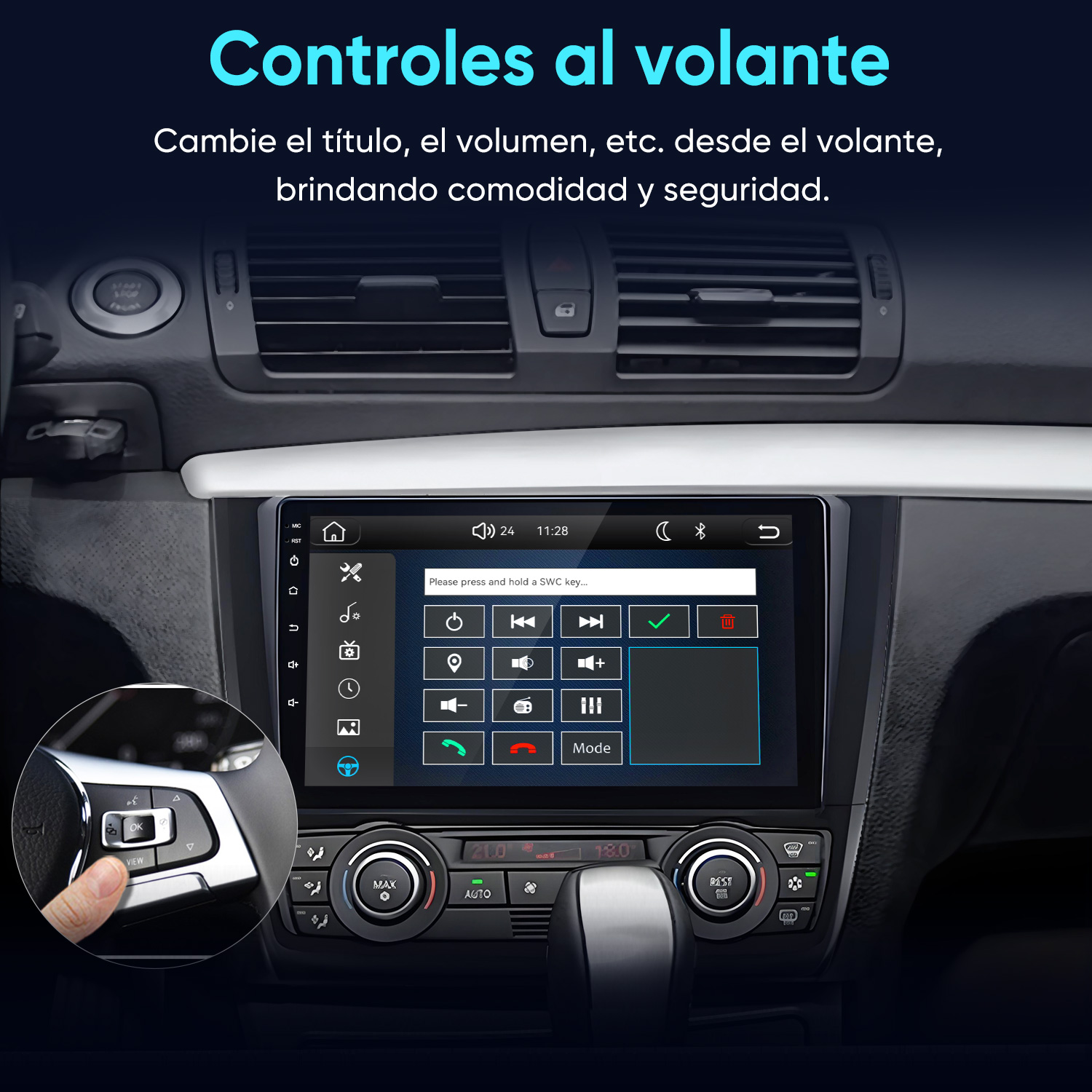 Salpicadero de coche con pantalla táctil y controles en el volante en un círculo.