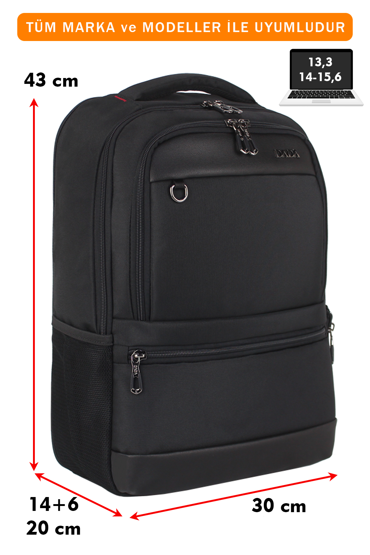43x30x20 cm ölçülerinde siyah sırt çantası, sağ üstte laptop simgesi.