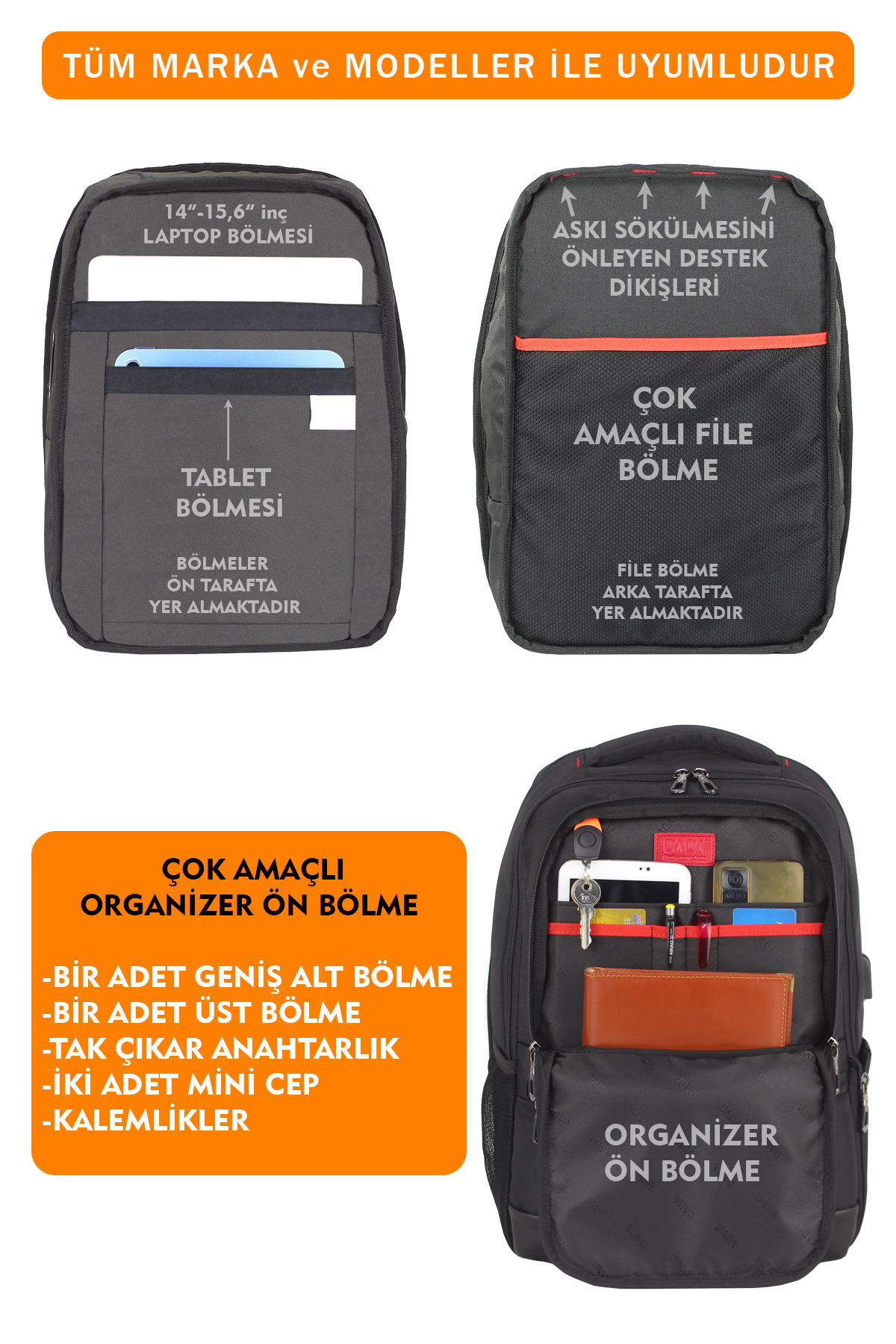 Açıklayıcı Türkçe metinlerle dizüstü bilgisayar, tablet ve düzenleyici bölmeleri gösteren siyah sırt çantası.