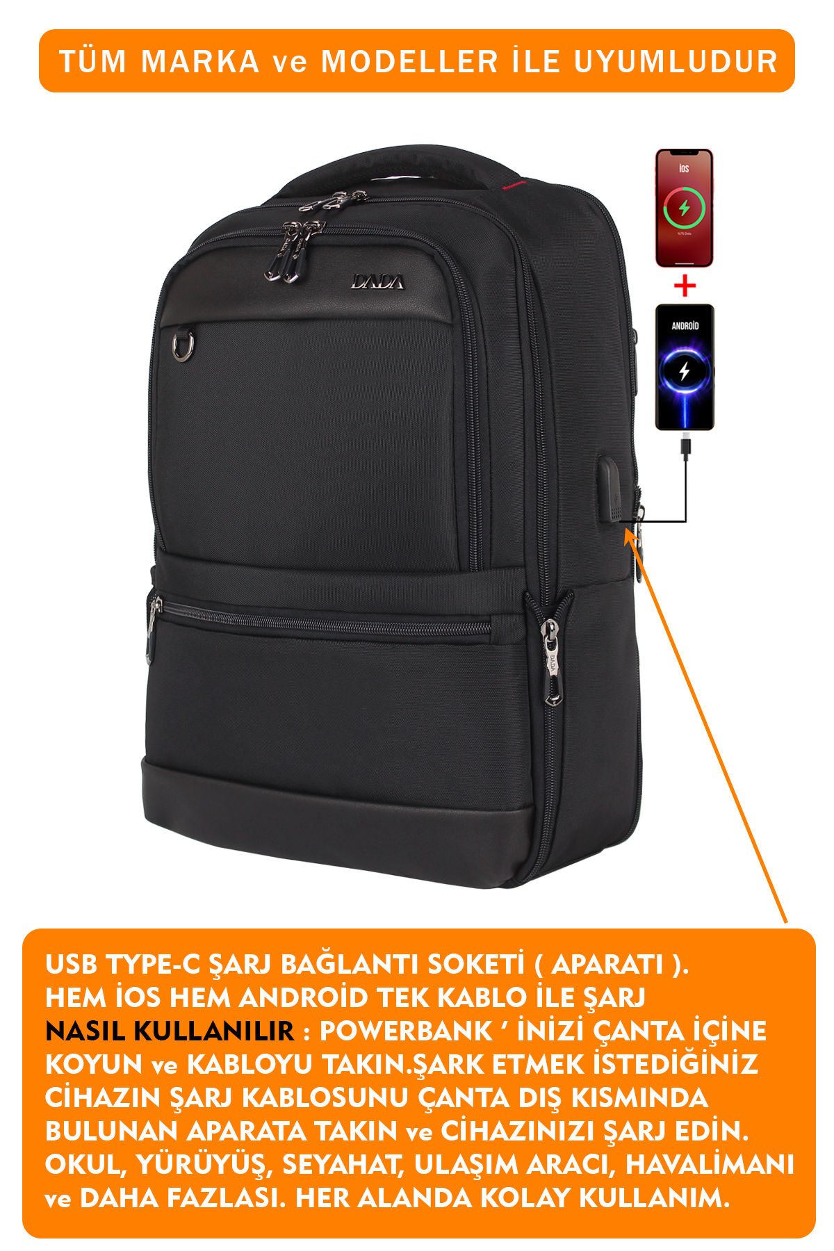 Turuncu afişlerde USB portu ve açıklama metni bulunan siyah bir DADA sırt çantası.