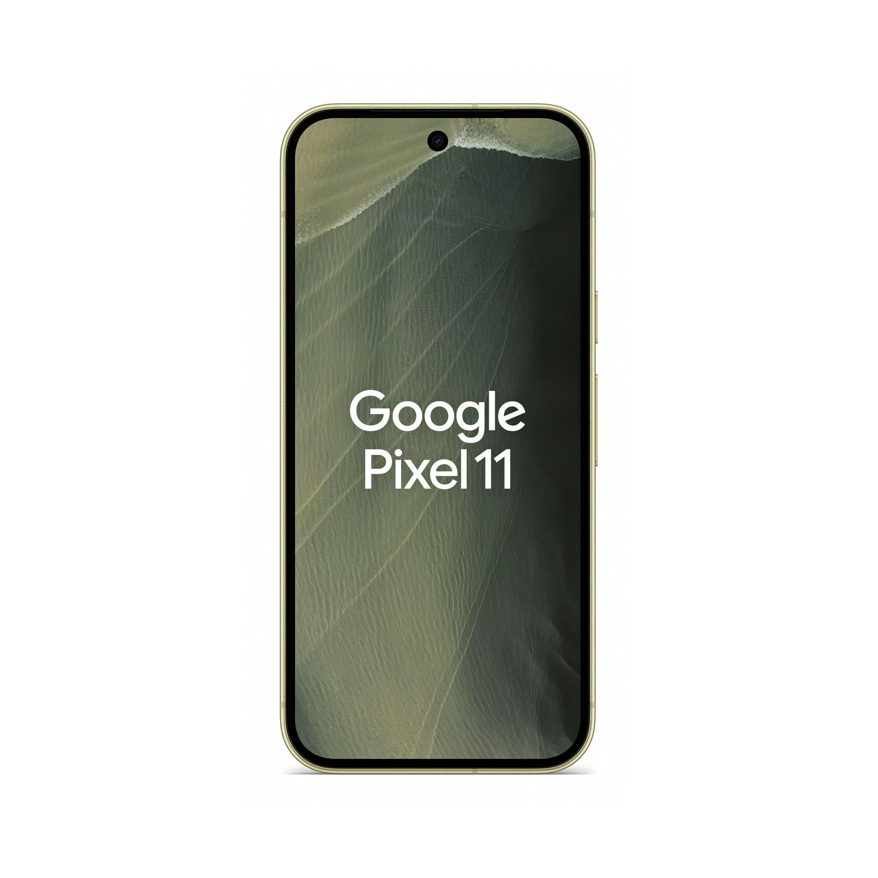 Ein Google Pixel 11 Smartphone mit grünem Text und Hintergrund auf weißem Grund.
