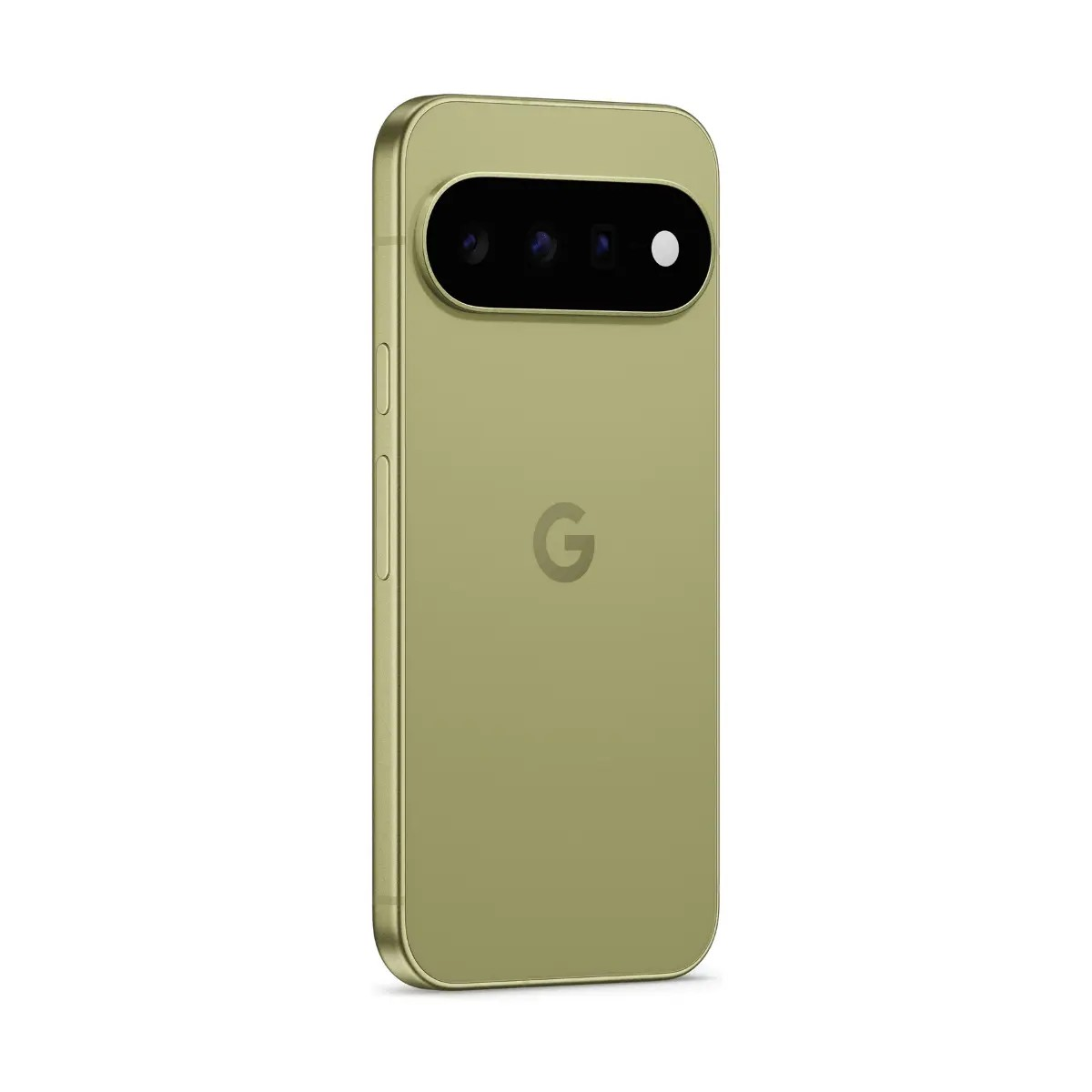 Rückseite eines hellgrünen Smartphones mit einer horizontalen, länglichen Kameraleiste oben und dem Google-Logo in der Mitte.