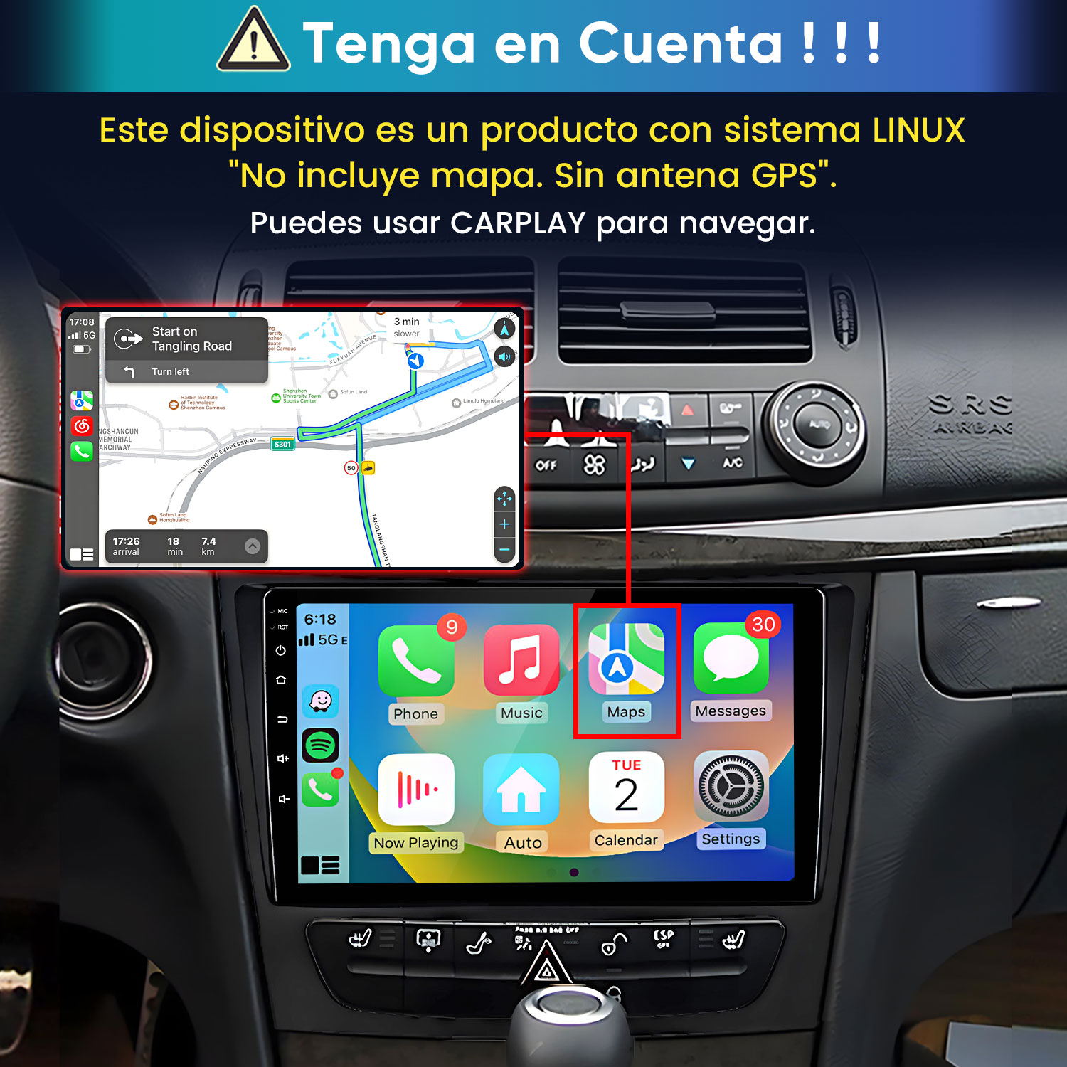 Pantalla de radio de coche Linux con CarPlay y mapa de navegación y texto en español.