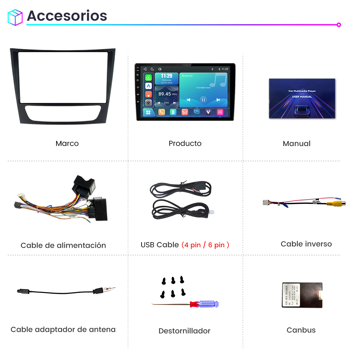Accesorios para sistema multimedia de auto incluyendo pantalla, cables, marco, manual y herramientas.