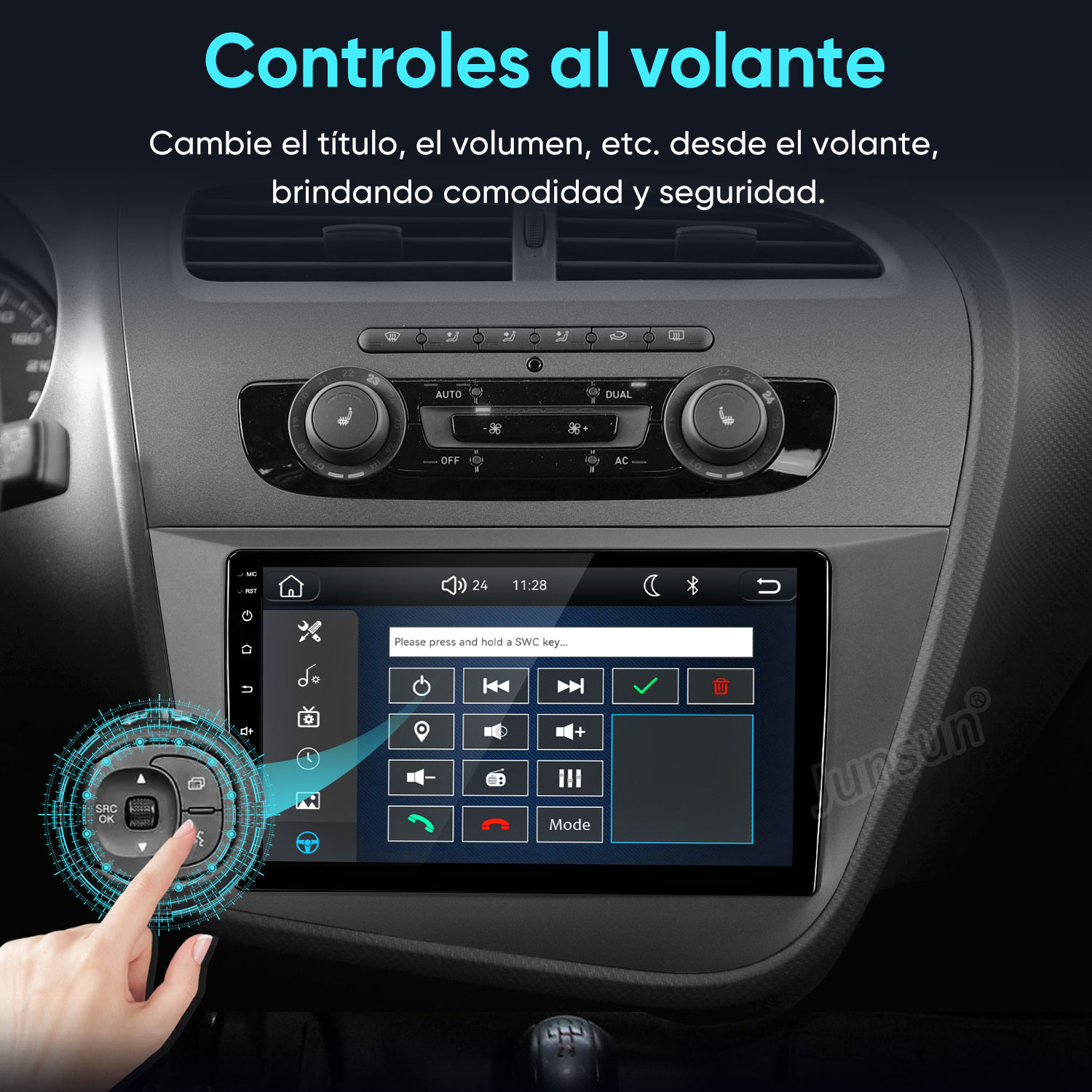 Tablero de auto que muestra un sistema multimedia táctil y controles al volante.