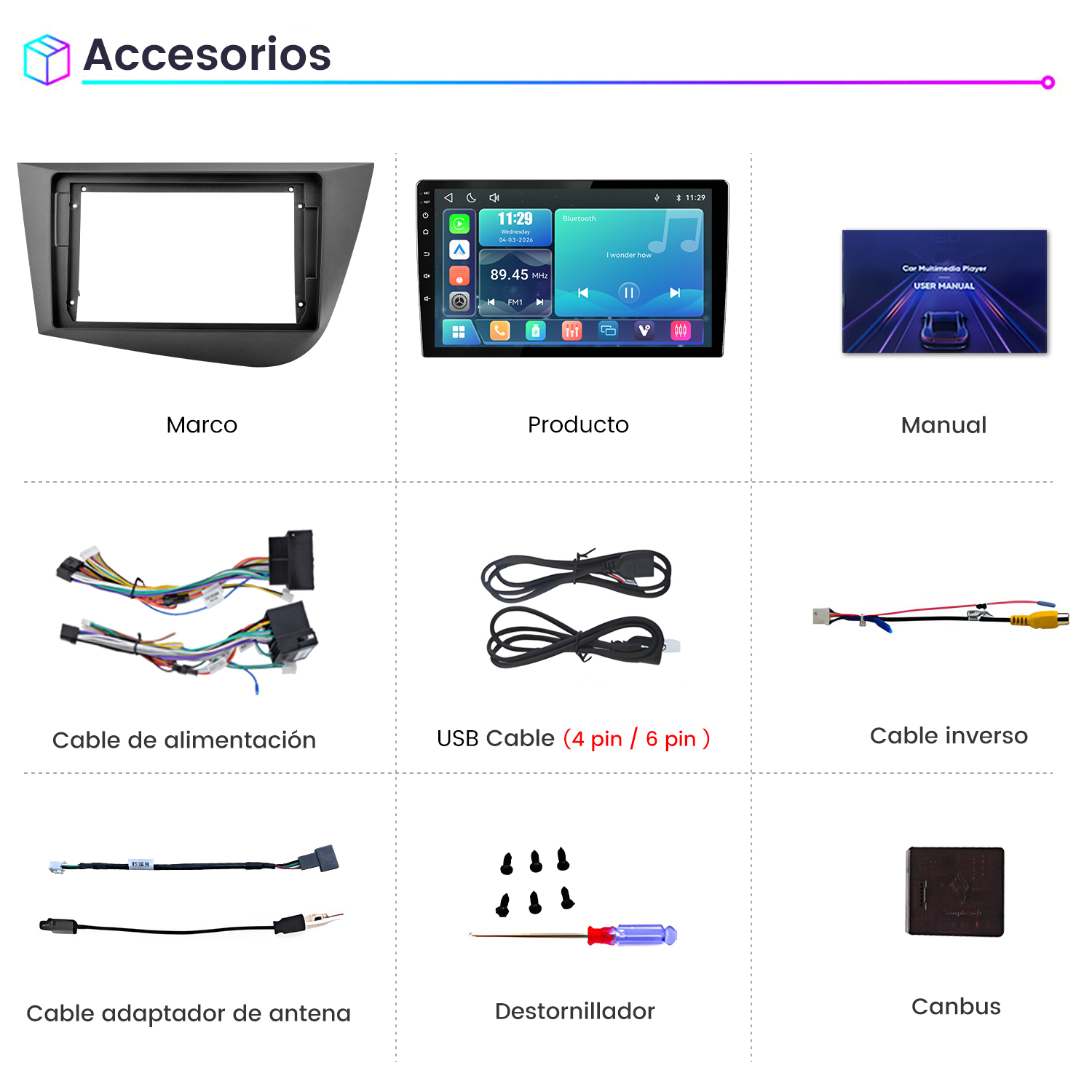 Cuadrícula con accesorios de reproductor multimedia para auto como marco, pantalla, manual, cables y Canbus.