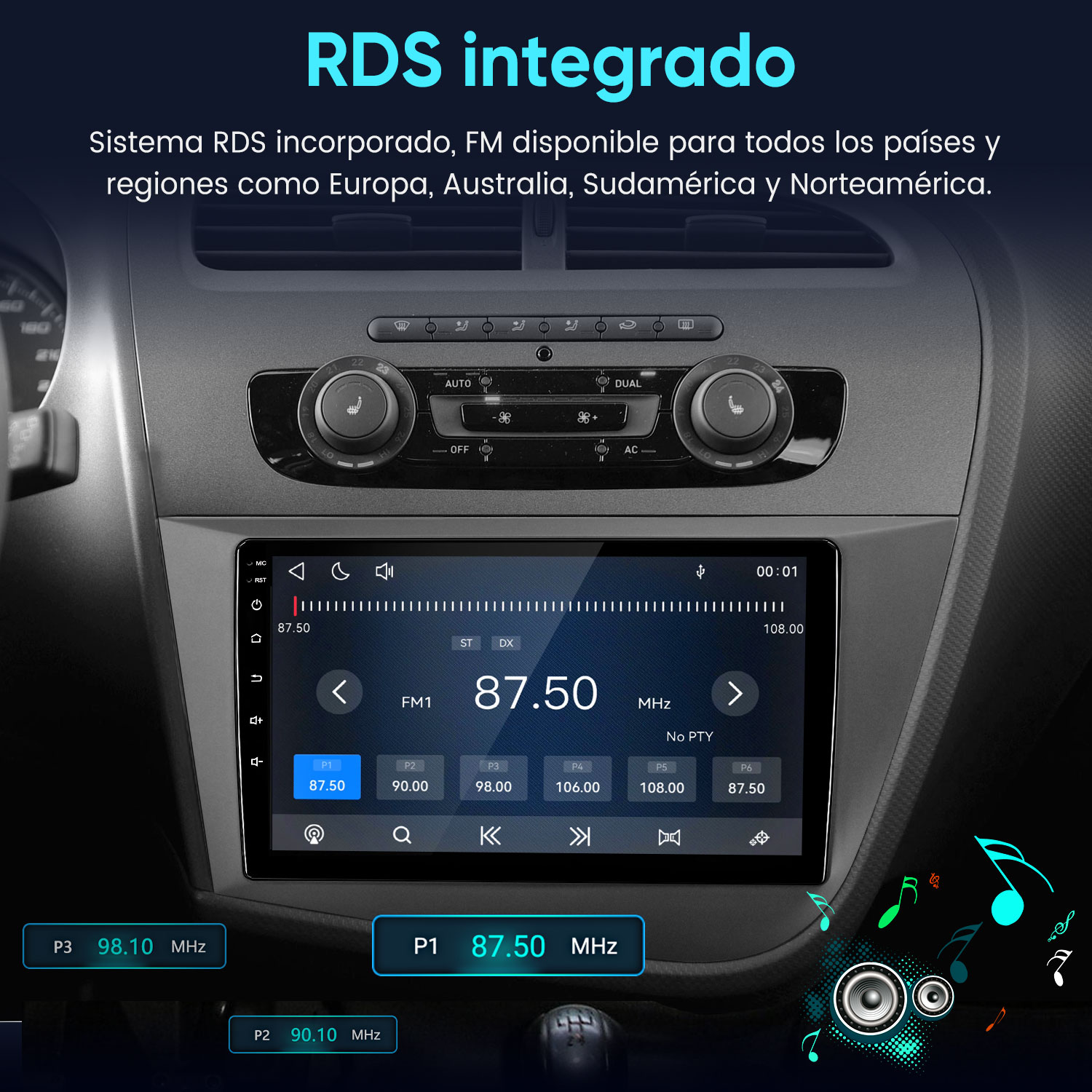 Interior de coche con radio RDS integrada y pantalla táctil.
