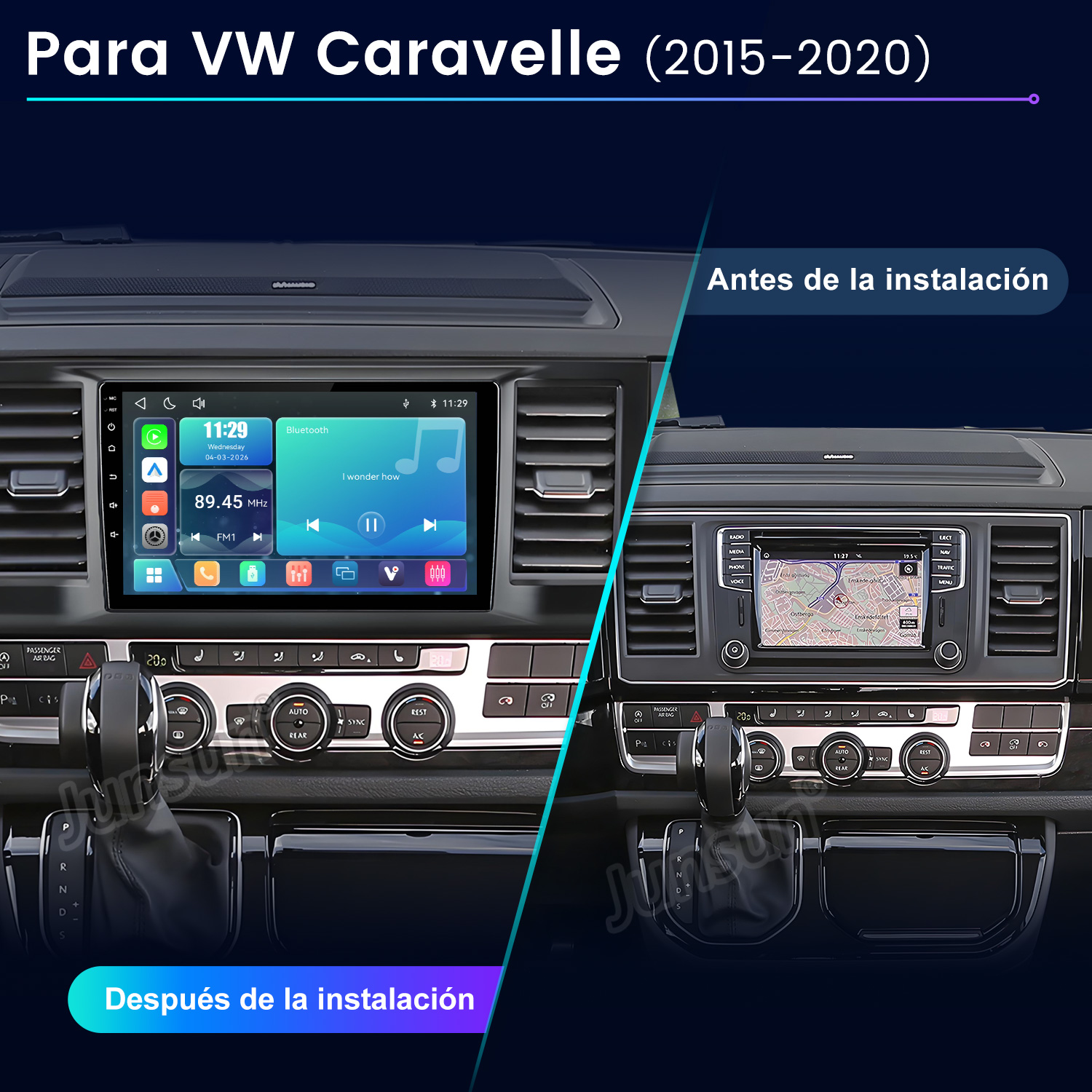 Comparación del salpicadero del VW Caravelle antes y después de instalar la radio táctil.