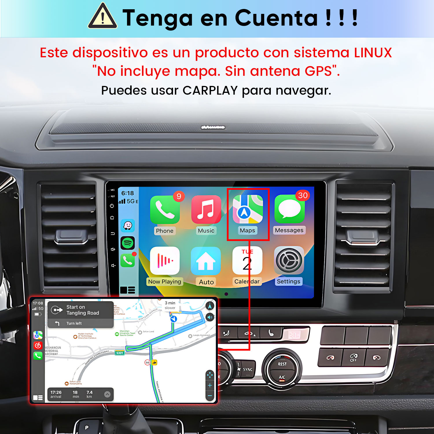 Salpicadero de coche con pantalla táctil, iconos de aplicaciones y un mapa de navegación superpuesto.