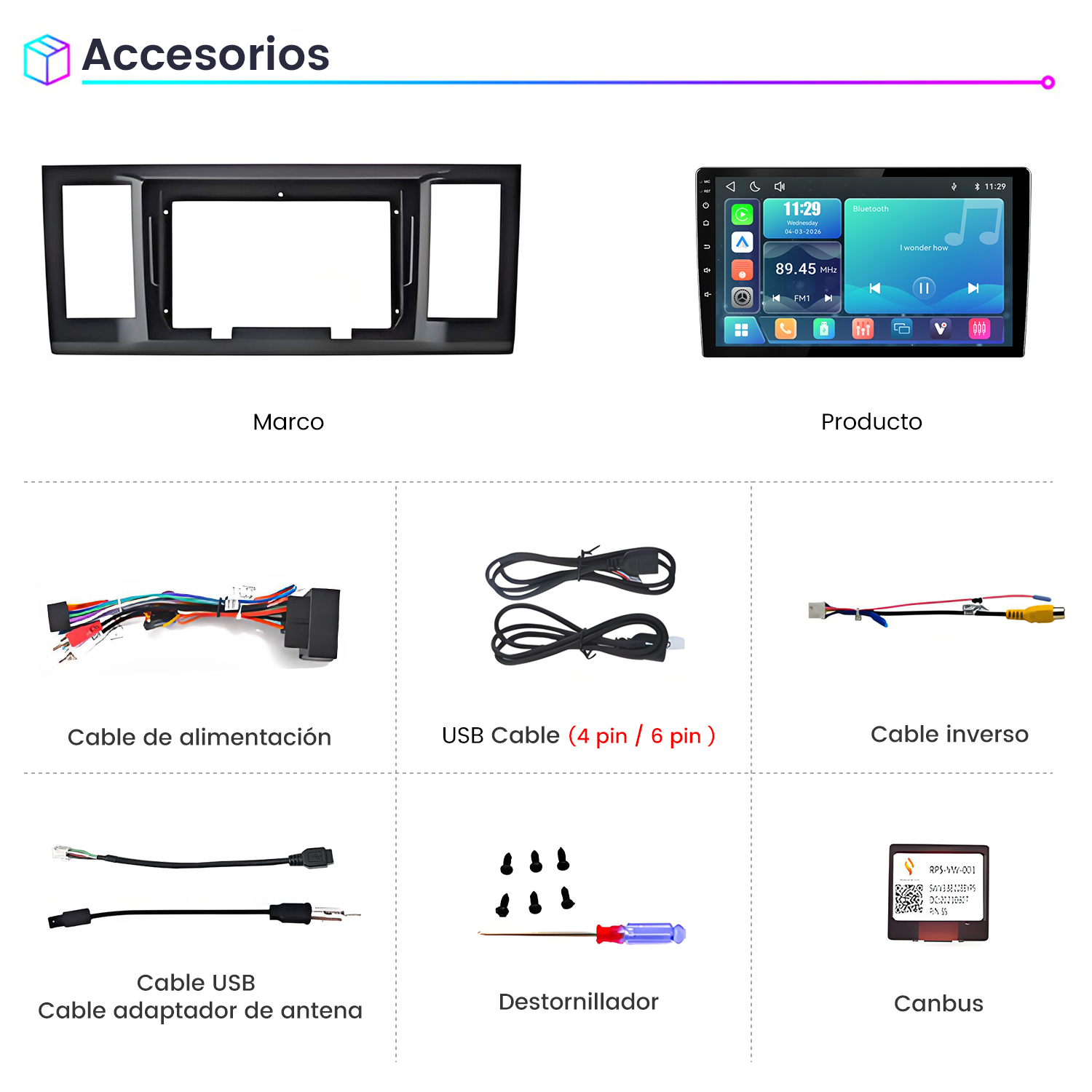 Accesorios para coche que incluyen marco, pantalla, cables, tornillos y canbus.