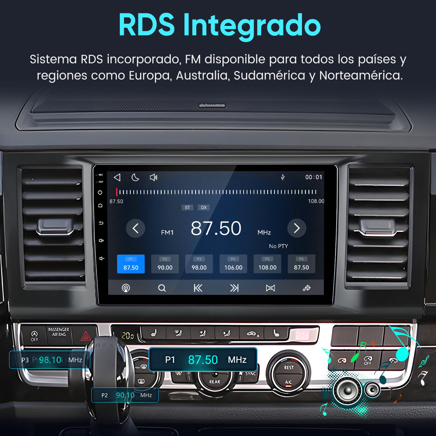 Salpicadero de coche con radio táctil integrada, sistema RDS y pantalla de frecuencia FM.