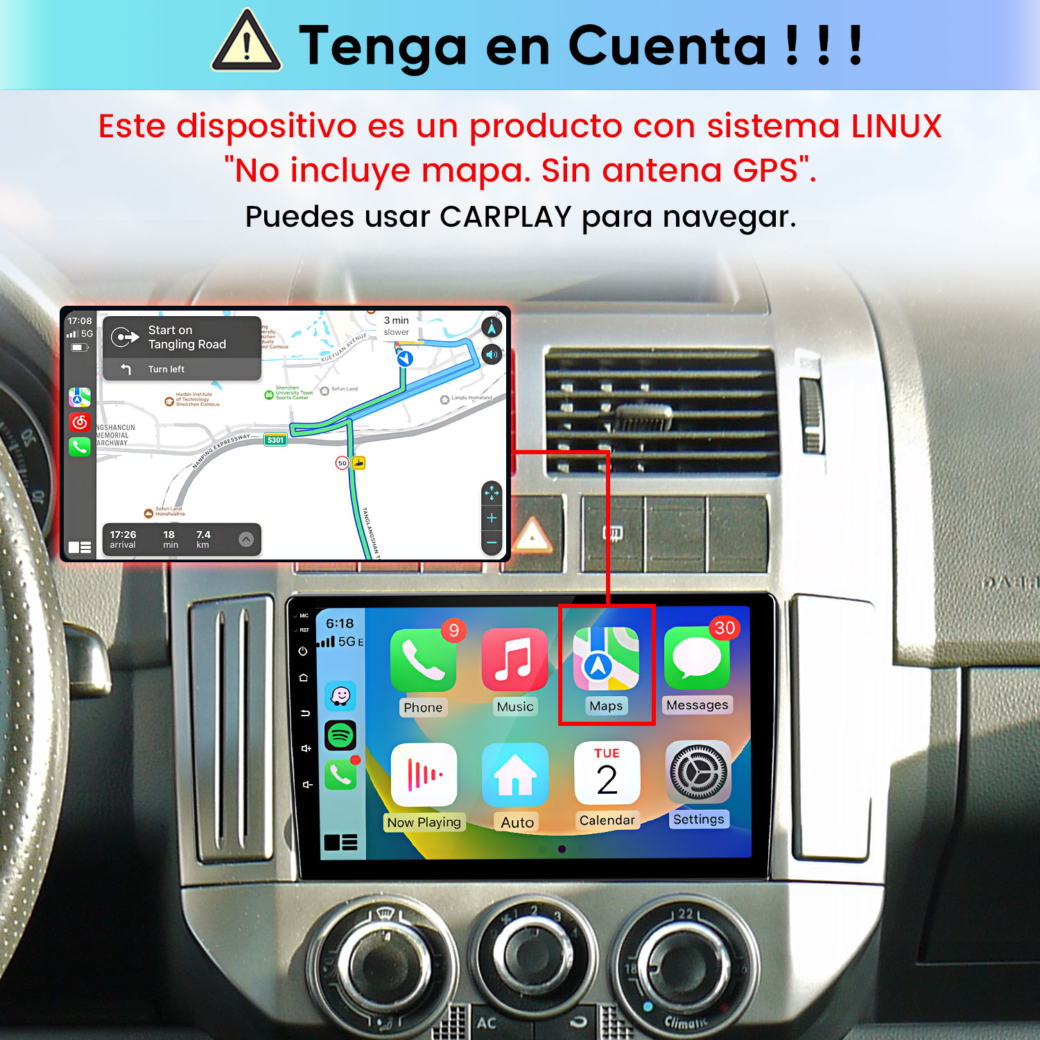 Tablero de auto mostrando pantalla táctil con Apple CarPlay y mapa de navegación.