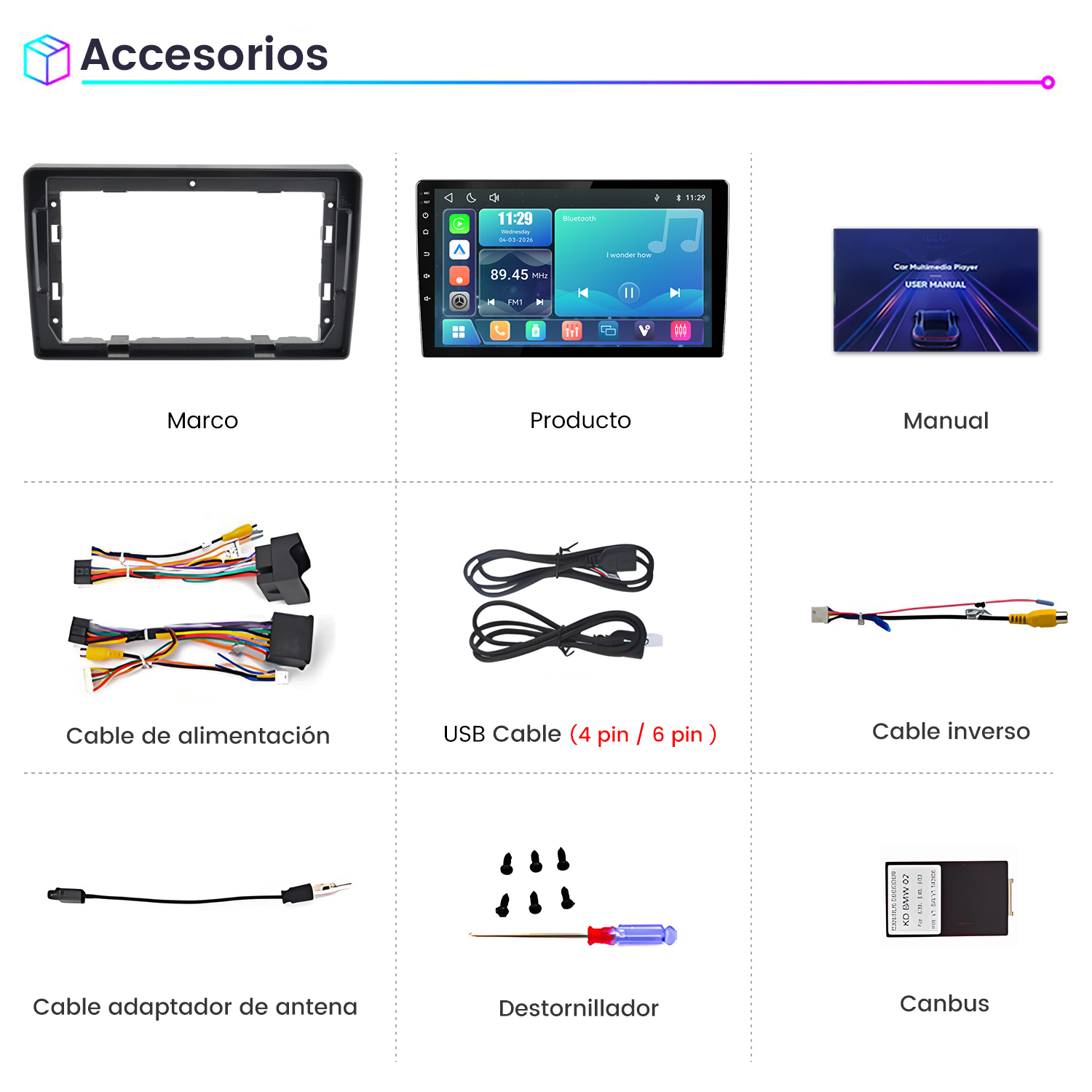 Cuadrícula con accesorios de autorradio: marco, pantalla, manual, cables, tornillos, destornillador y canbus.