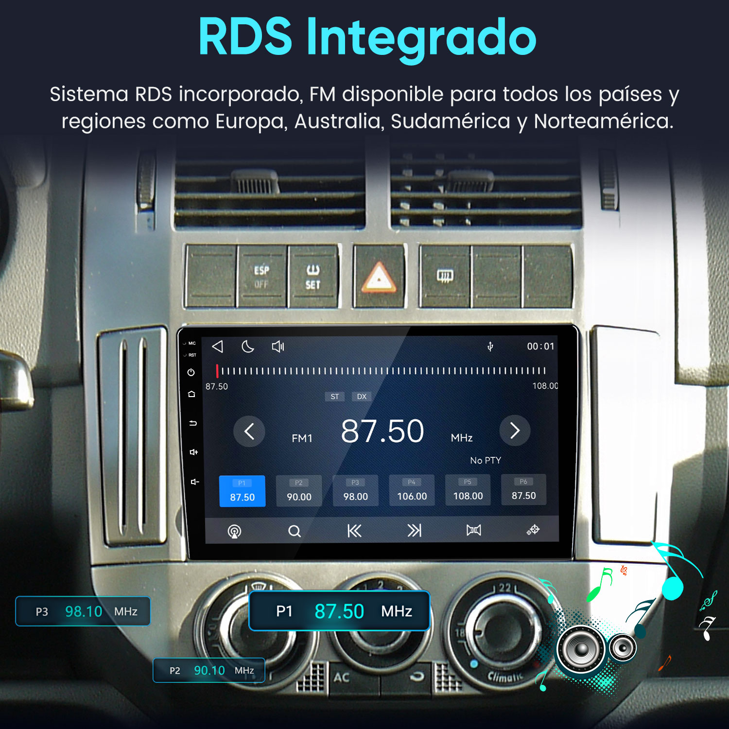 Autorradio con sistema RDS integrado mostrando FM 87.50 MHz en la pantalla táctil.