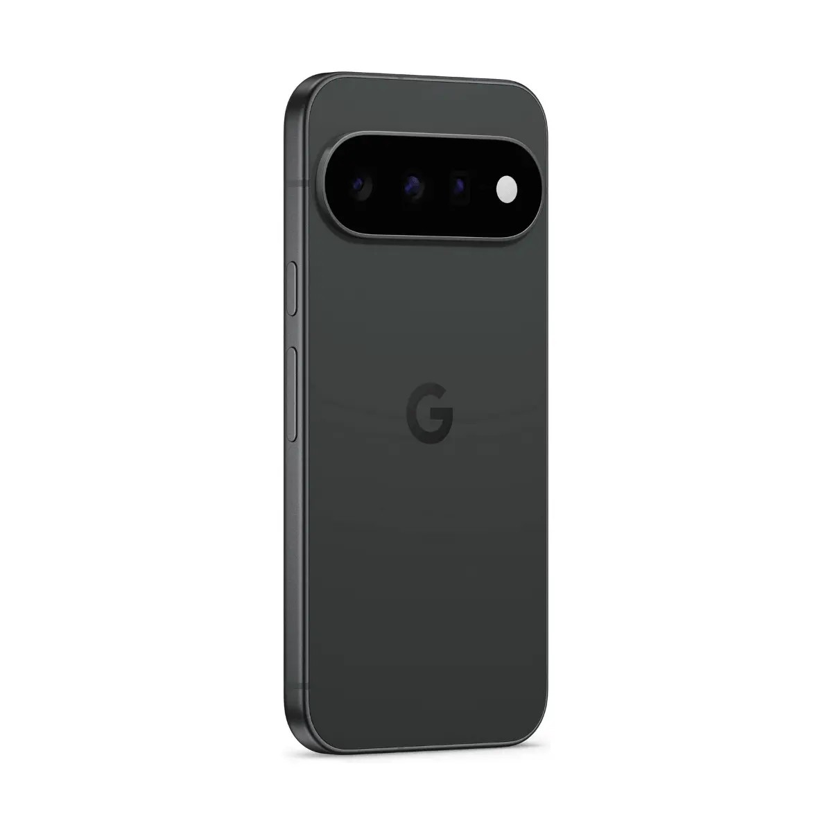 Rückseite eines schwarzen Smartphones mit horizontaler Kamera und Google-Logo auf hellem Hintergrund.