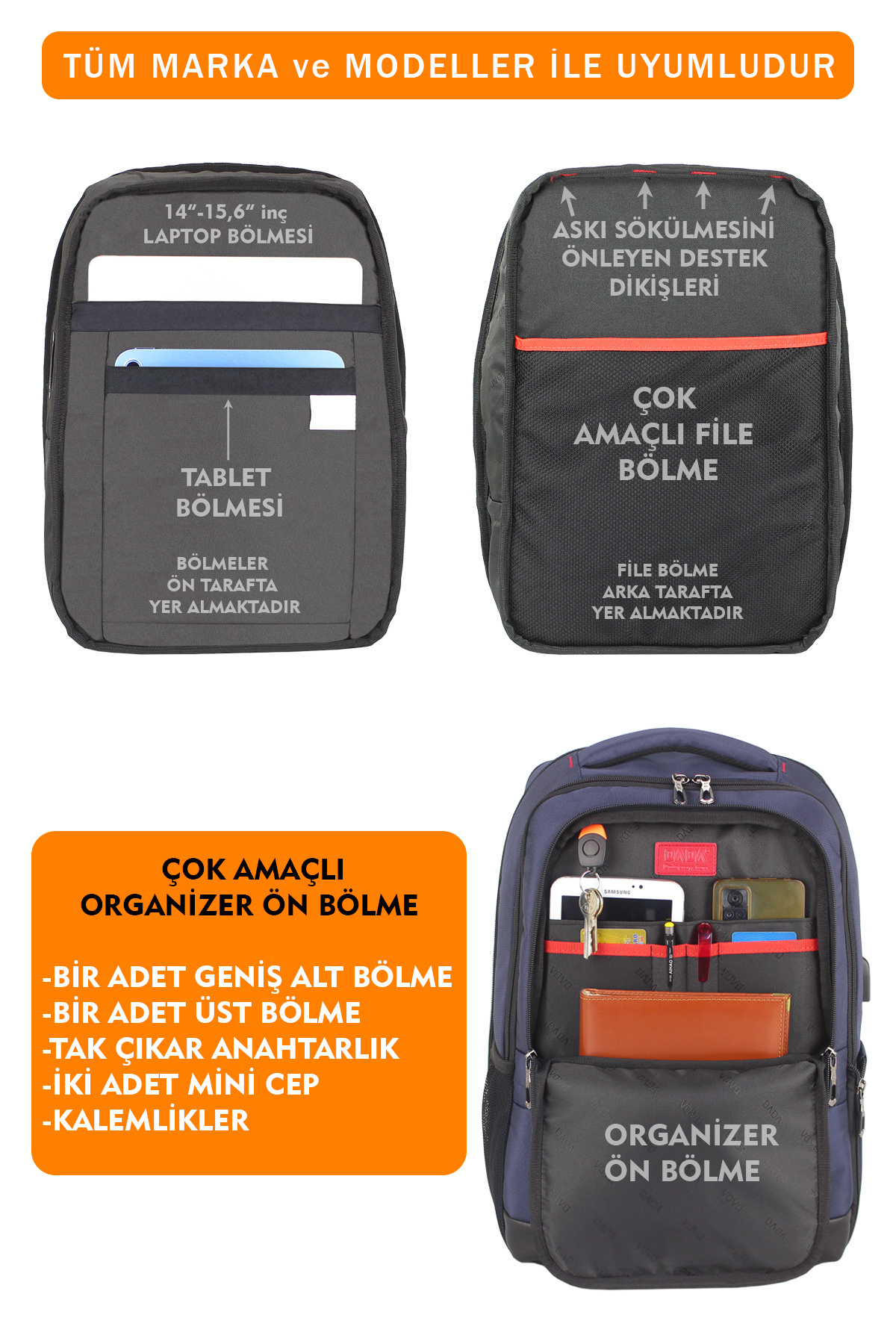 Laptop ve tablet bölmeleri, takviye dikişleri ve ön organizatör gibi sırt çantası özelliklerini gösteren dört görsel.