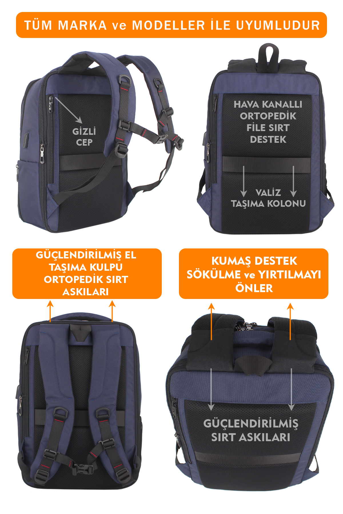 Ergonomik sırt, gizli cep ve güçlendirilmiş askıları gösteren mavi sırt çantasının dört görünümü.