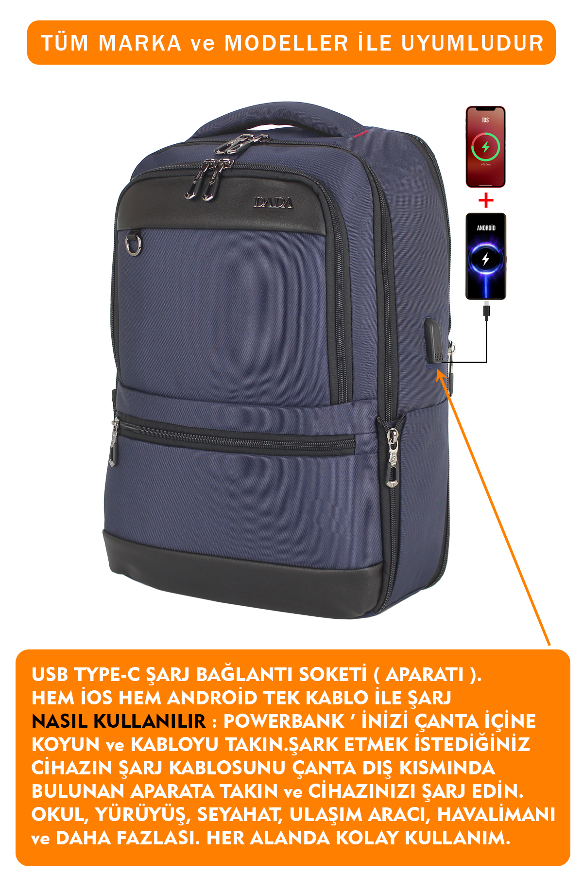 Üstte ve altta turuncu metin bulunan USB portlu mavi sırt çantası.