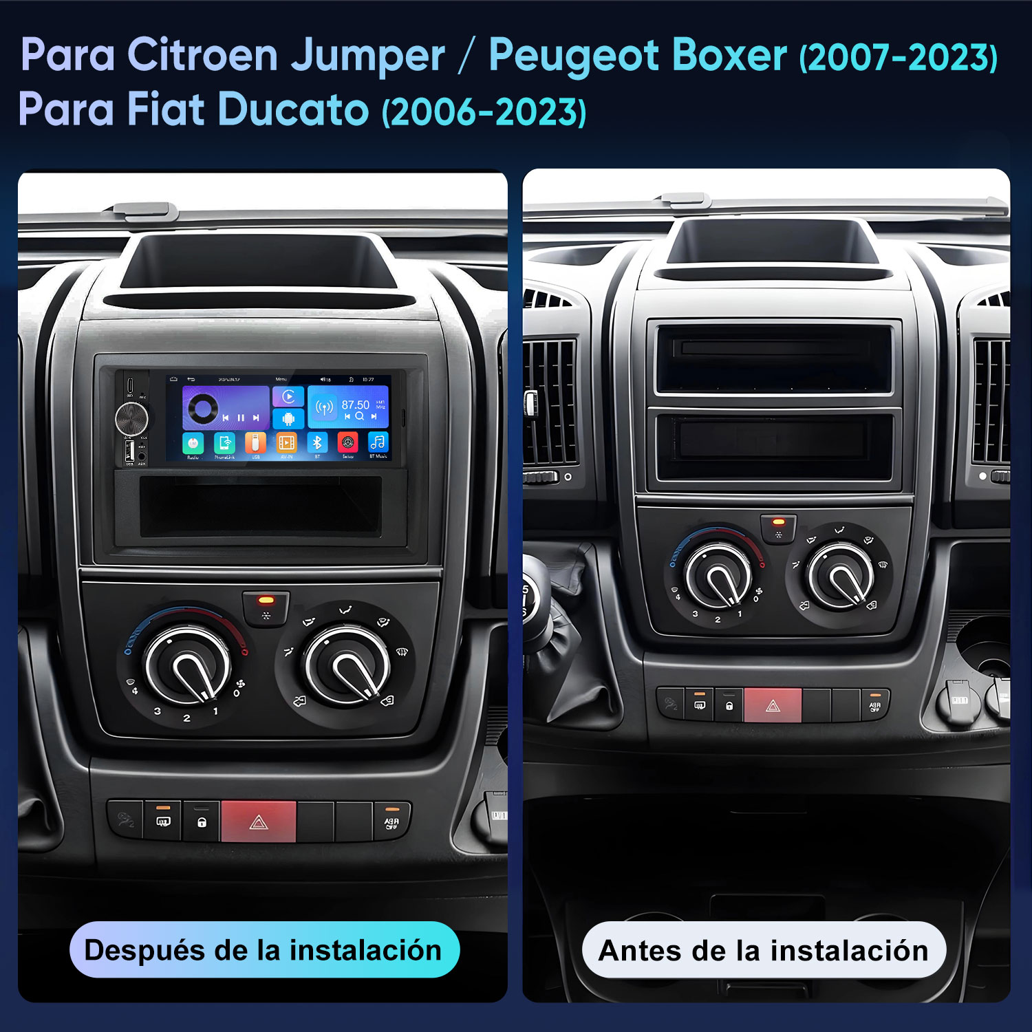 Comparación del salpicadero de una furgoneta antes y después de instalar una radio.