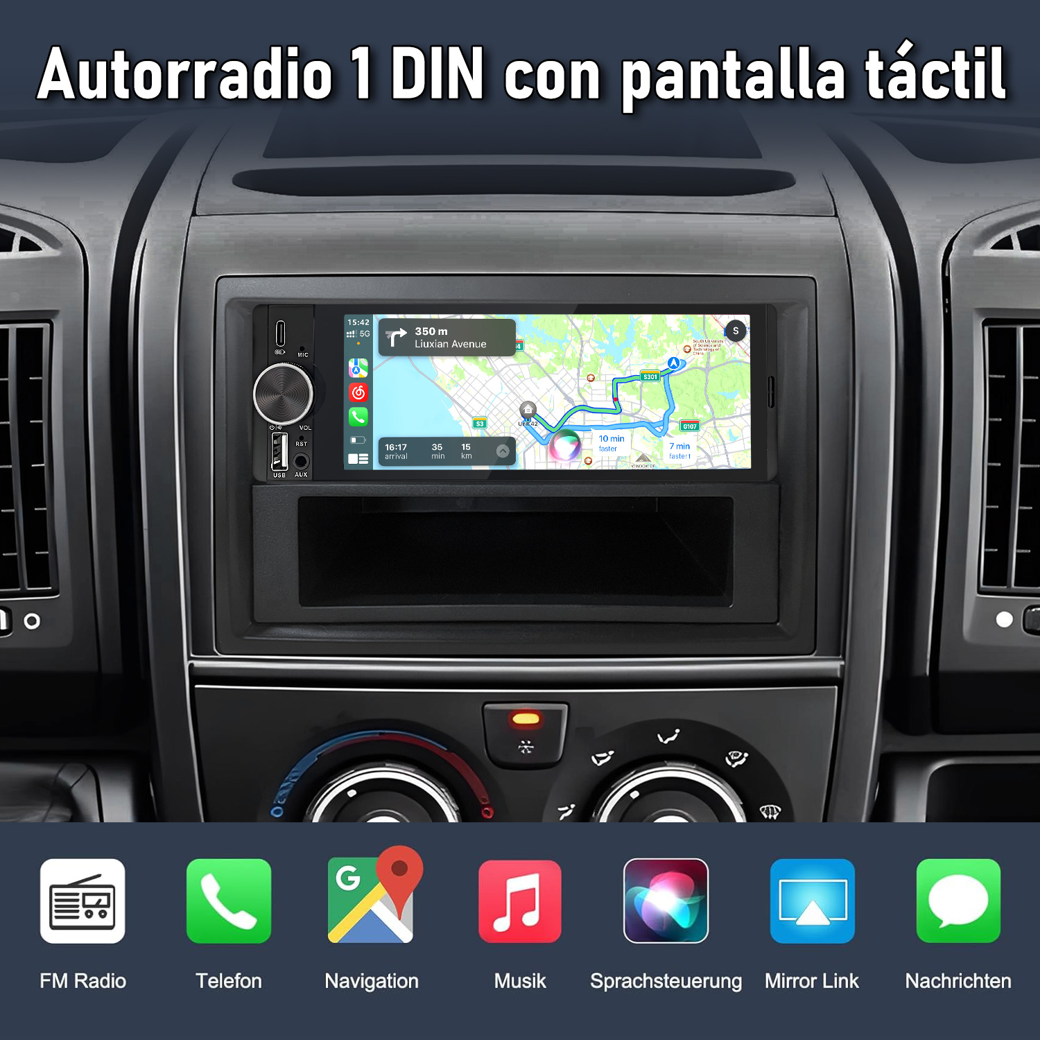 Autoradio 1 DIN con pantalla táctil y navegación en el salpicadero.