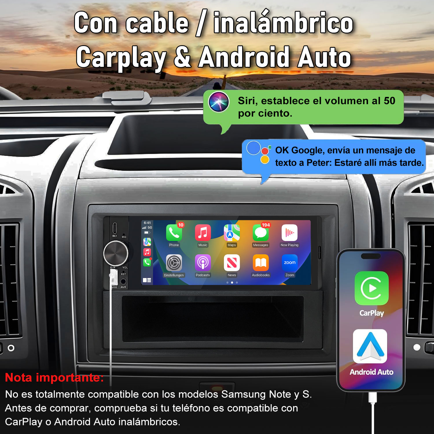 Autoradio con CarPlay y Android Auto en un salpicadero, con un smartphone al lado.