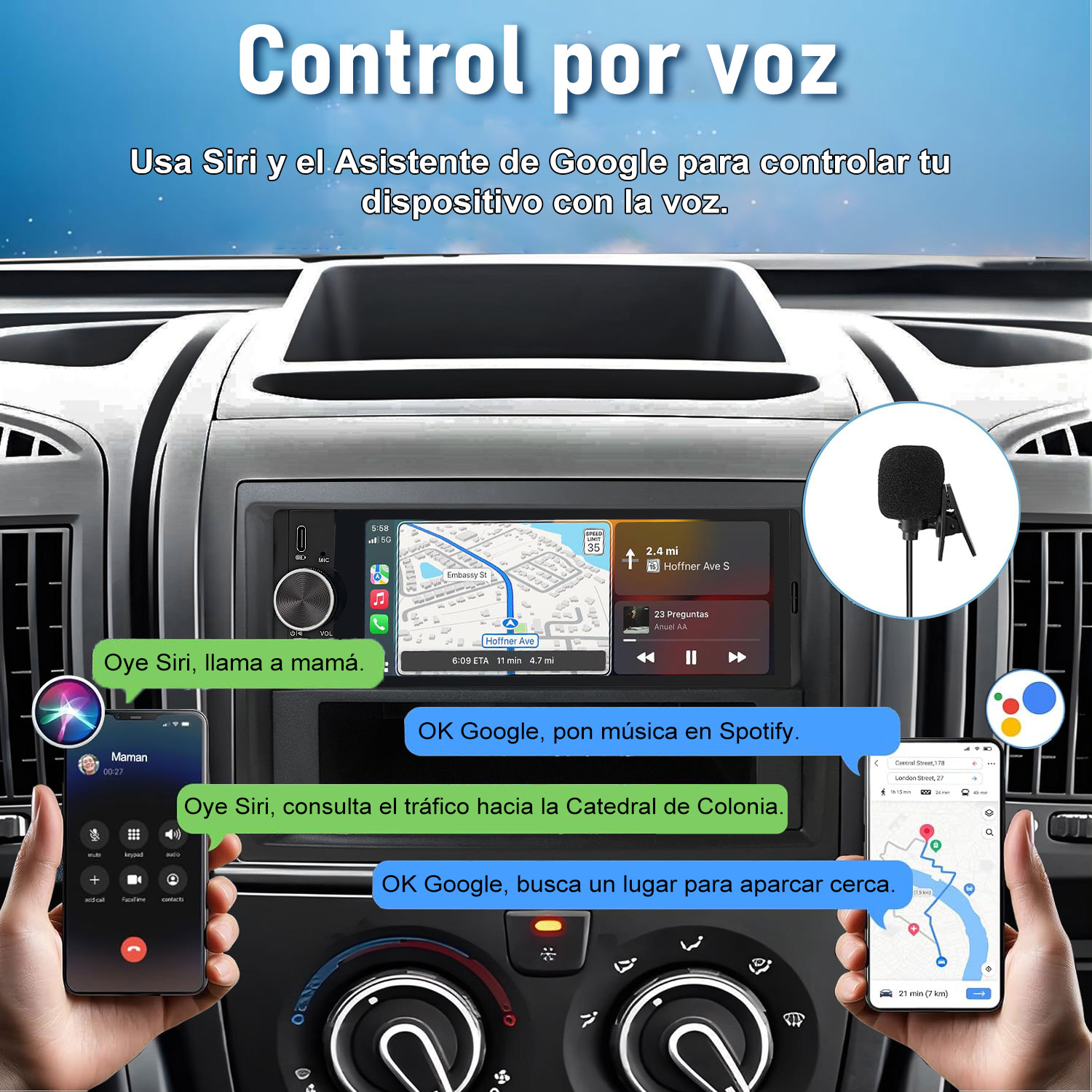 Pantalla de coche y smartphones mostrando control por voz con Siri y Google Assistant.