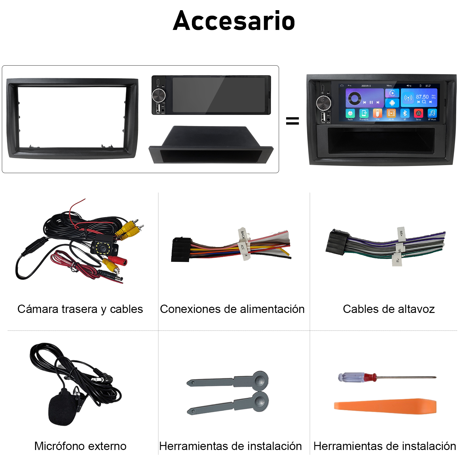 Kit de accesorios para autorradio con unidad principal, marco, cámara trasera, cables, micrófono y herramientas.