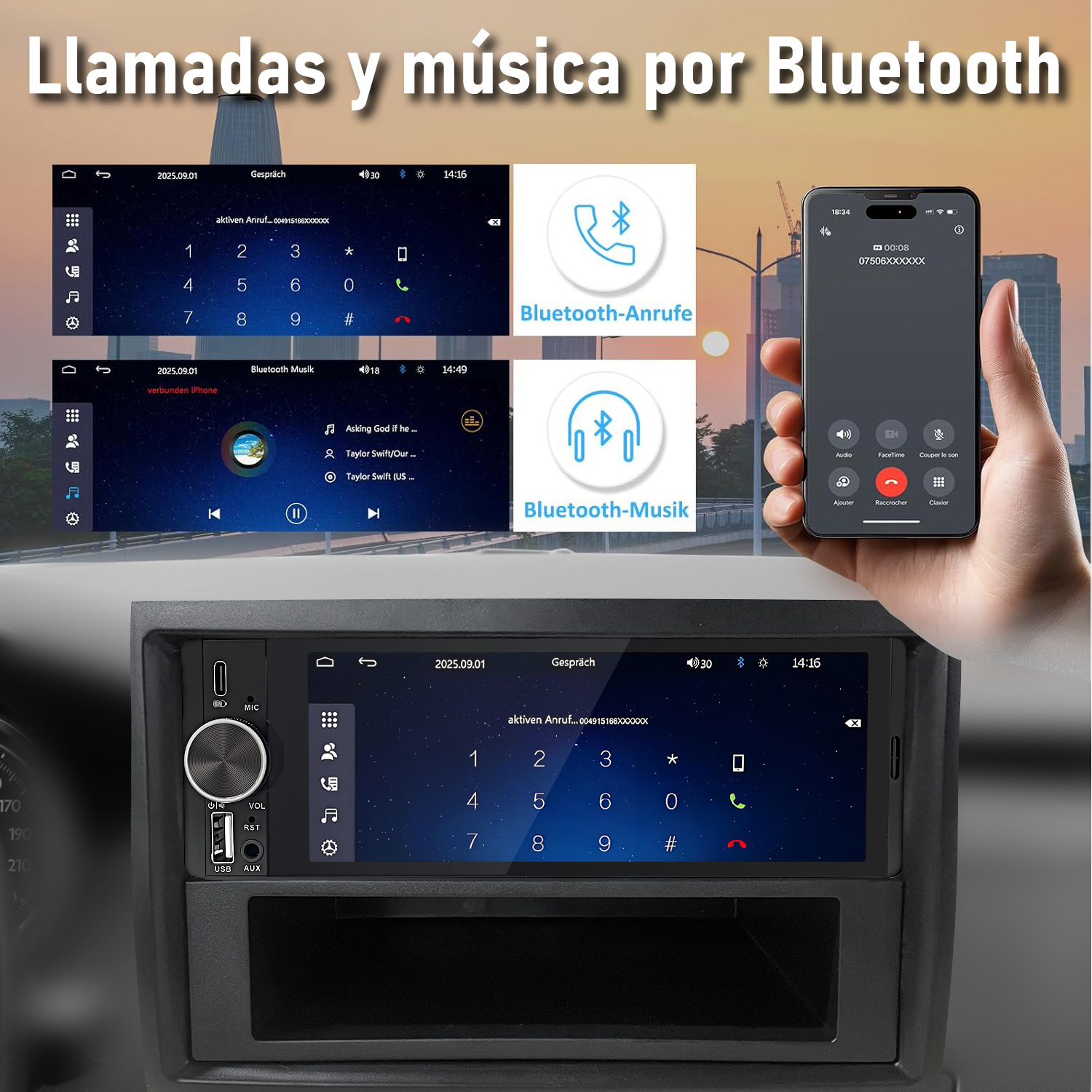 Una pantalla multimedia de coche muestra llamadas y música por Bluetooth mientras una mano sostiene un smartphone.