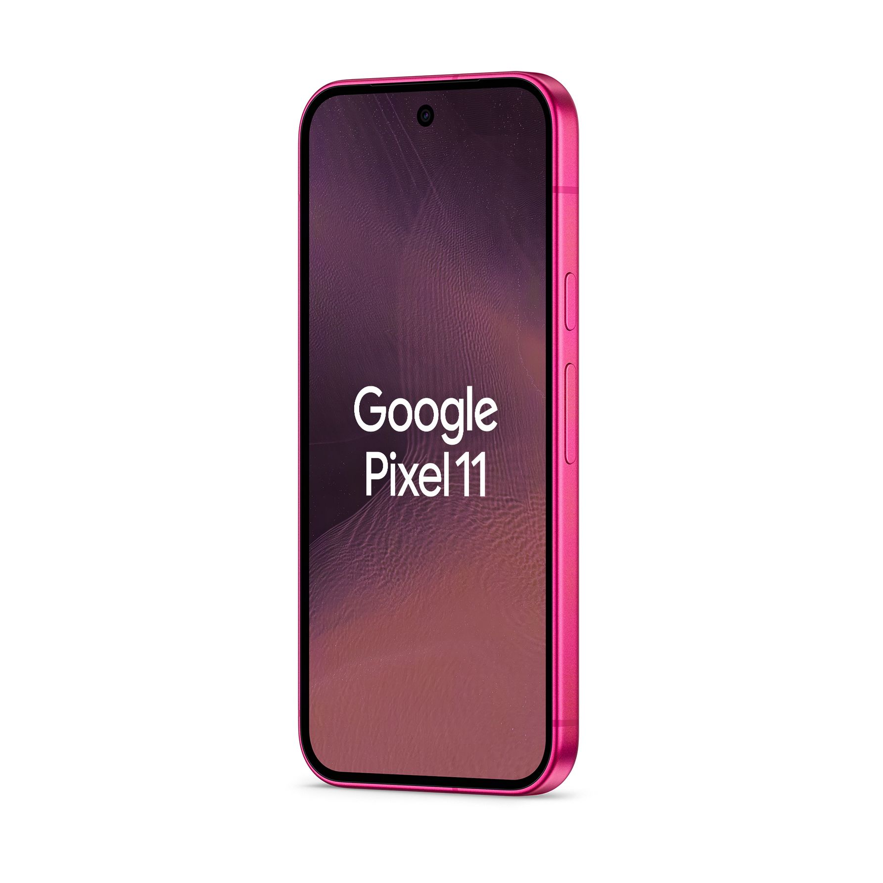 Różowy smartfon Google Pixel 11 stoi pionowo na białym tle.