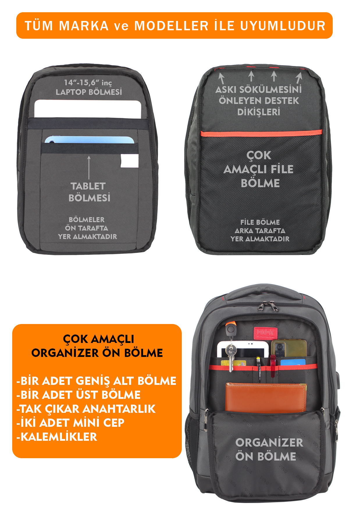 Laptop bölmeli, file cepli ve ön düzenleyicili gri sırt çantası.