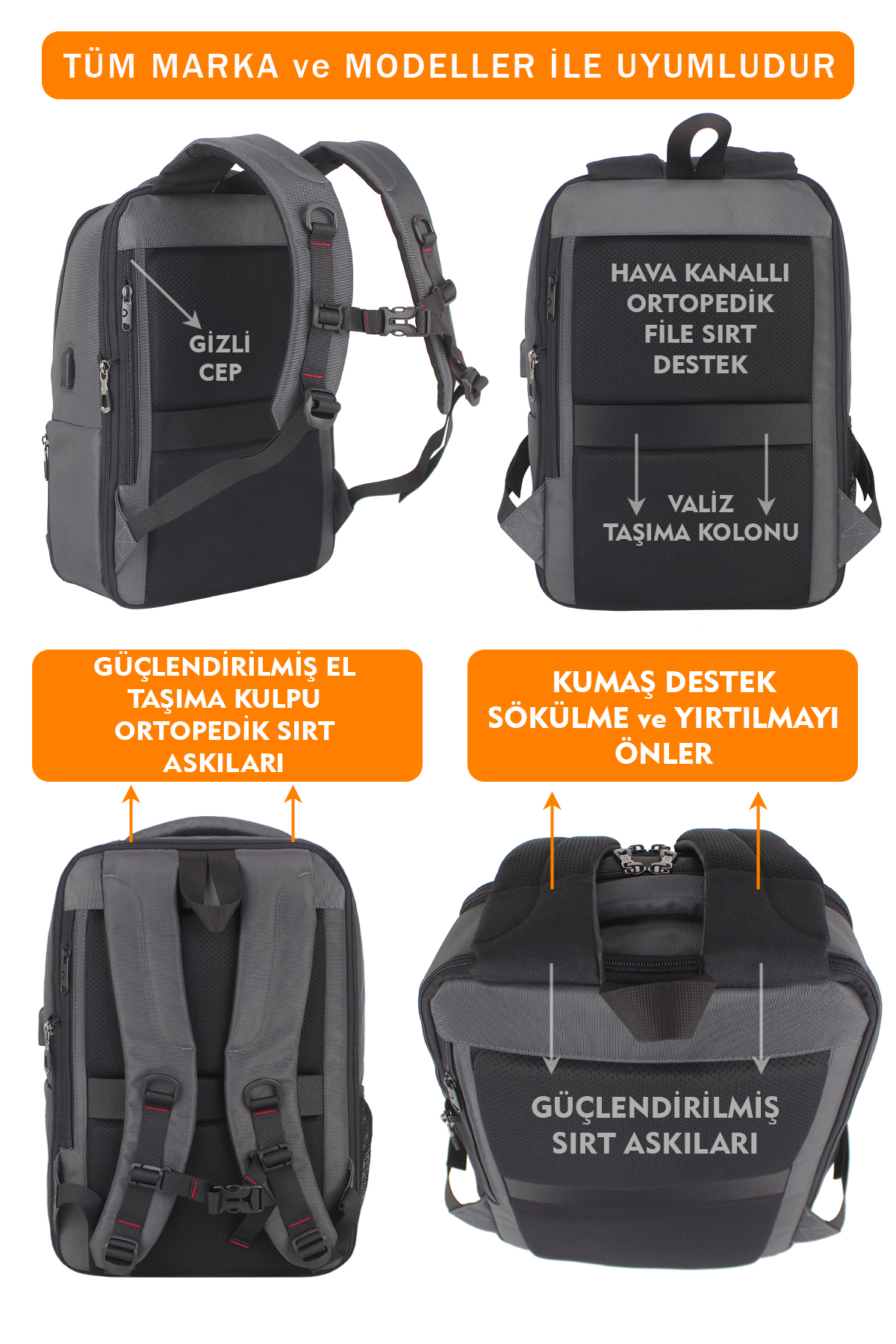 Ergonomik sırt, gizli cep ve güçlendirilmiş askıları gösteren gri sırt çantasının dört farklı açısı.