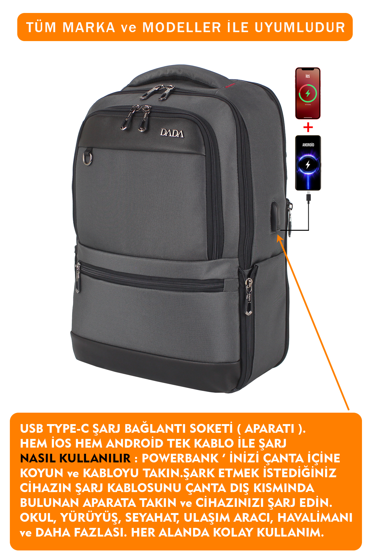 USB şarj portlu, iOS ve Android uyumlu gri sırt çantası, günlük kullanım için.