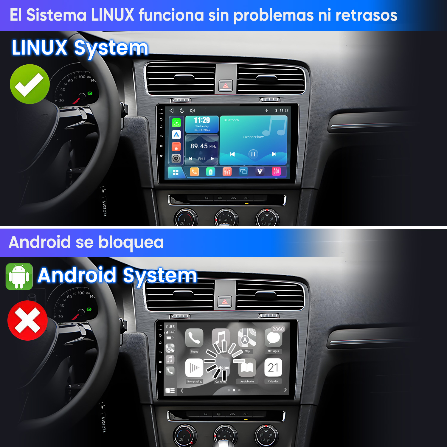 Comparación de dos sistemas de infoentretenimiento de automóviles: Linux con marca verde y Android con círculo de carga.