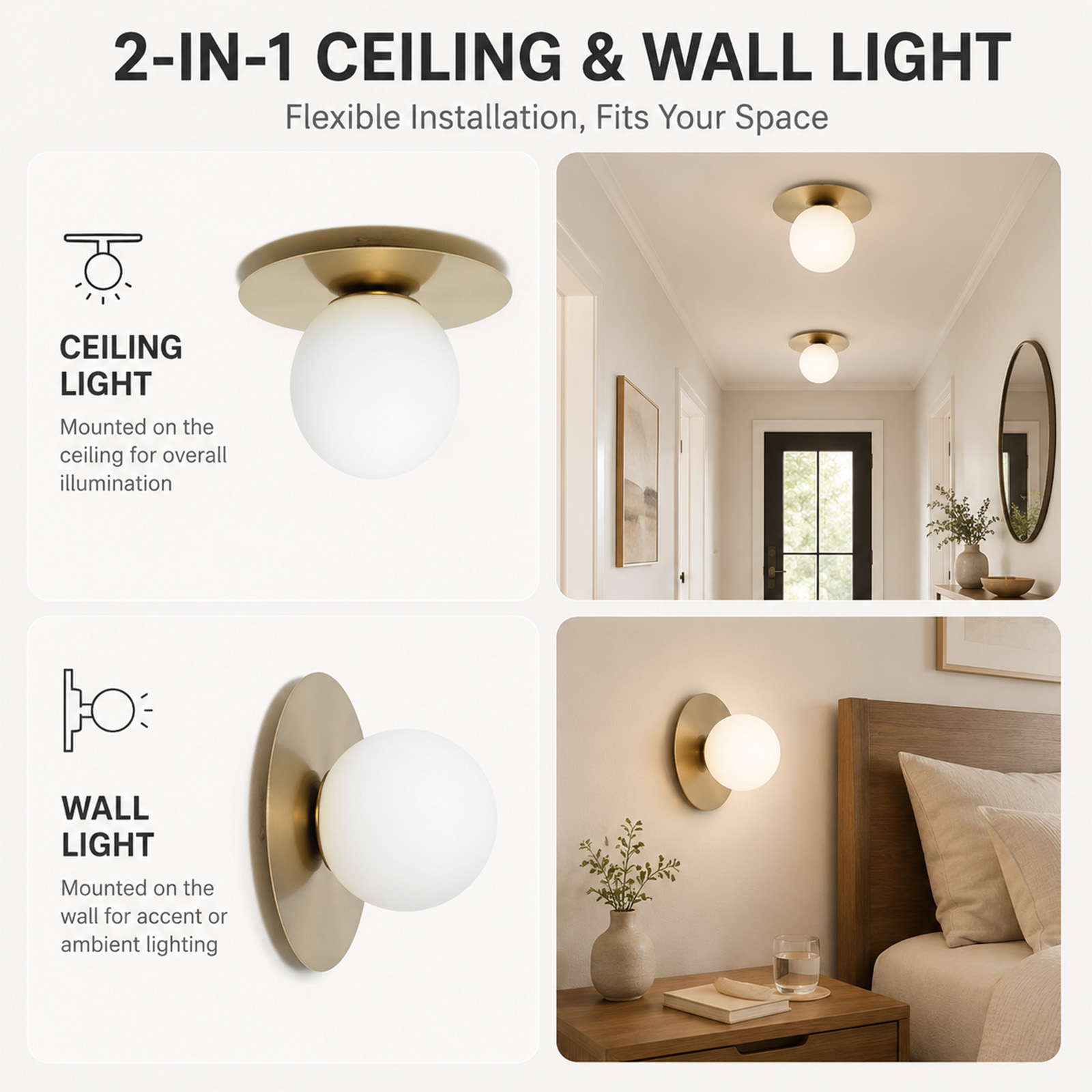 Anuncio de lámpara 2 en 1 para techo y pared con globo de vidrio blanco y base de latón.
