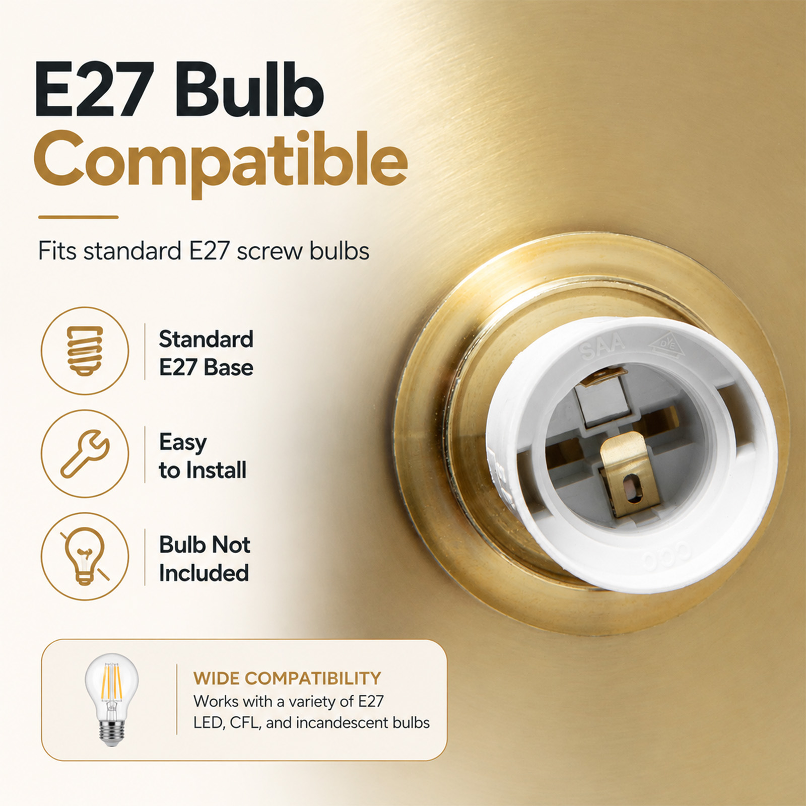 Portalámparas E27 de color dorado con iconos de instalación.