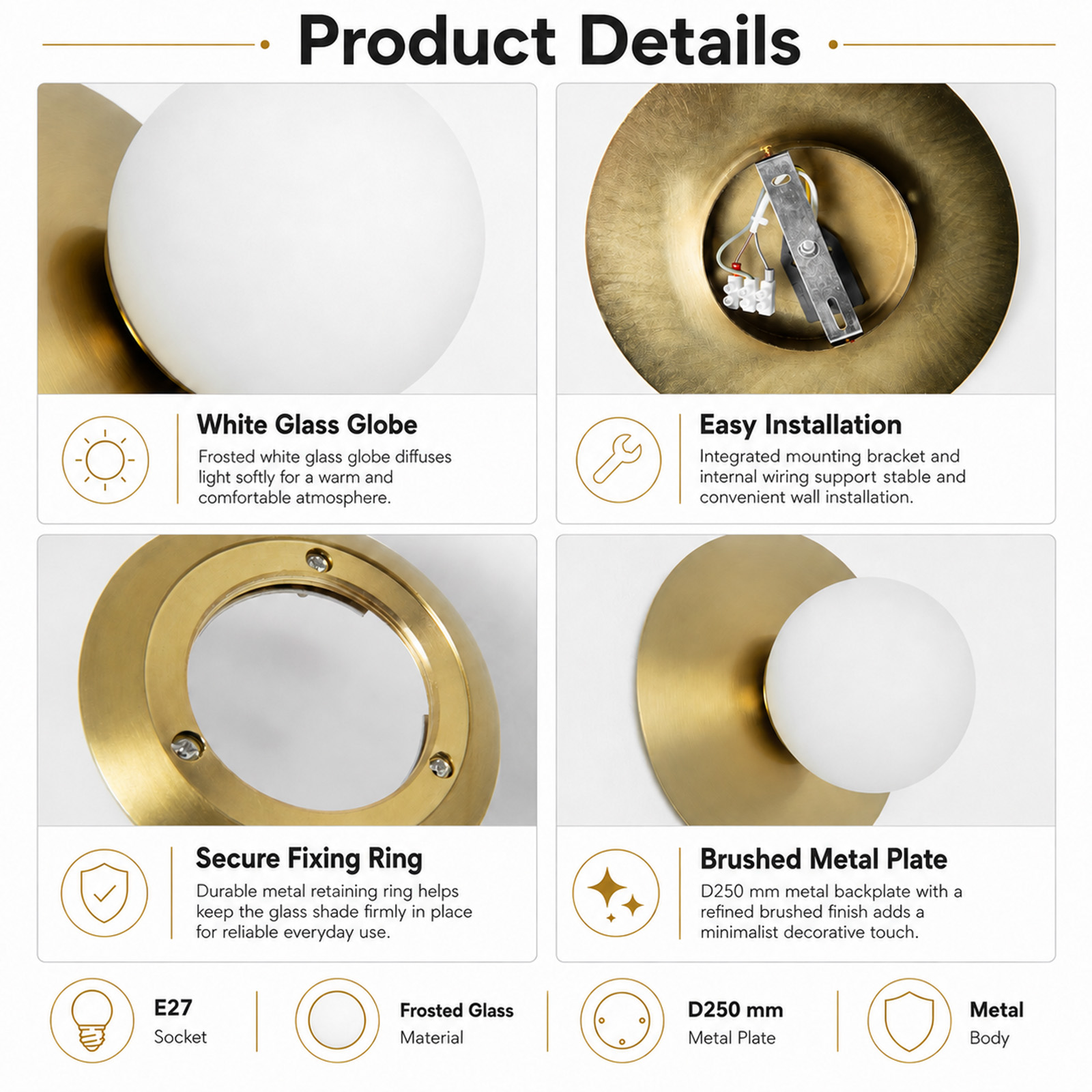 Detalles de producto de una lámpara de pared dorada con globo de vidrio blanco, soporte y placa metálica.