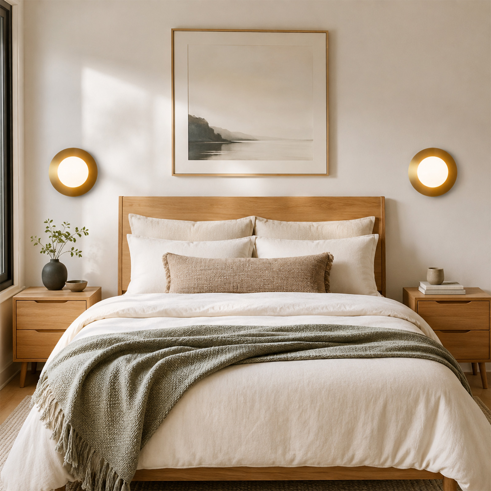 Dormitorio acogedor con cama de madera, ropa de cama blanca y verde, mesitas de noche y apliques de pared.