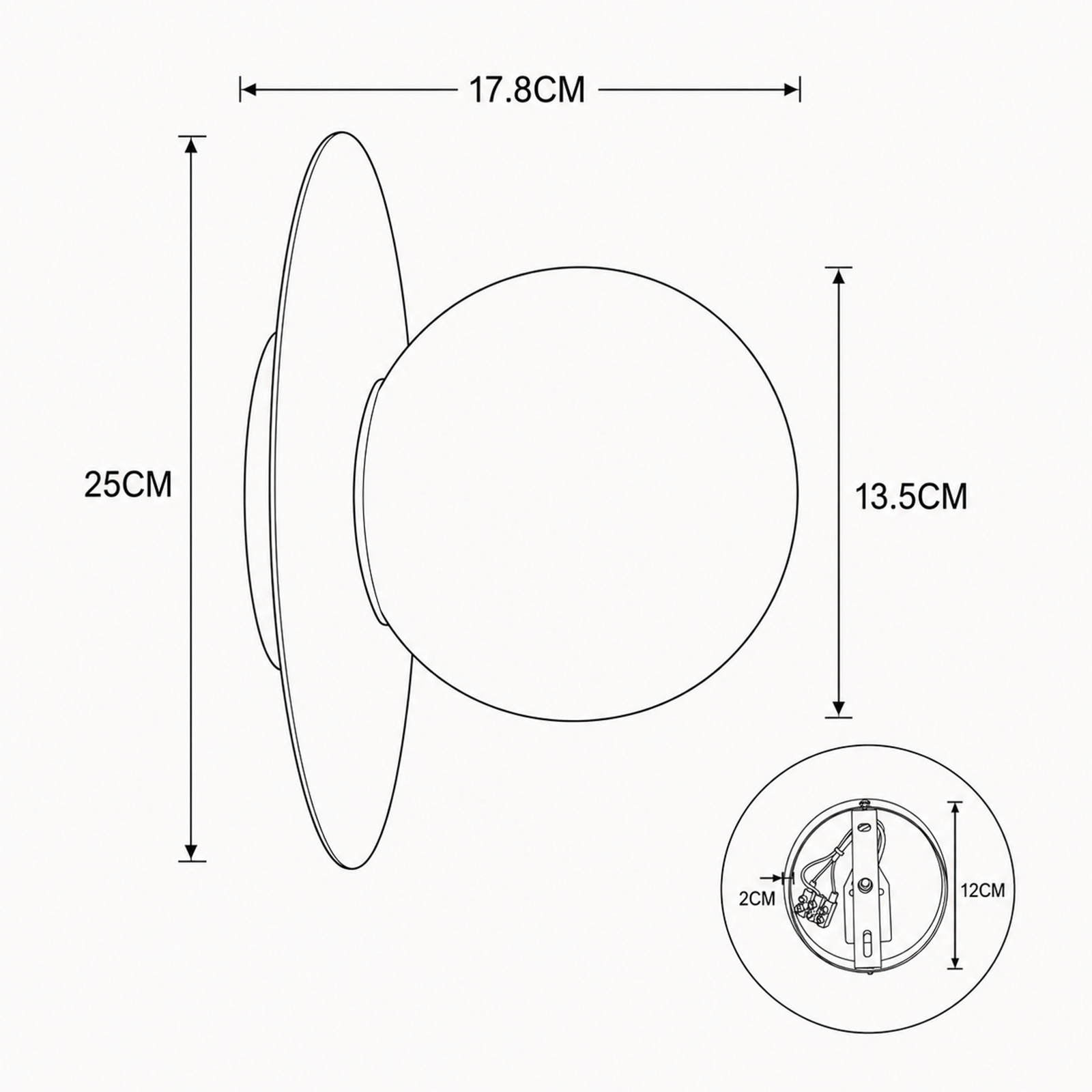 Dibujo técnico de un aplique de pared con dimensiones que muestran una placa circular y un globo de vidrio.