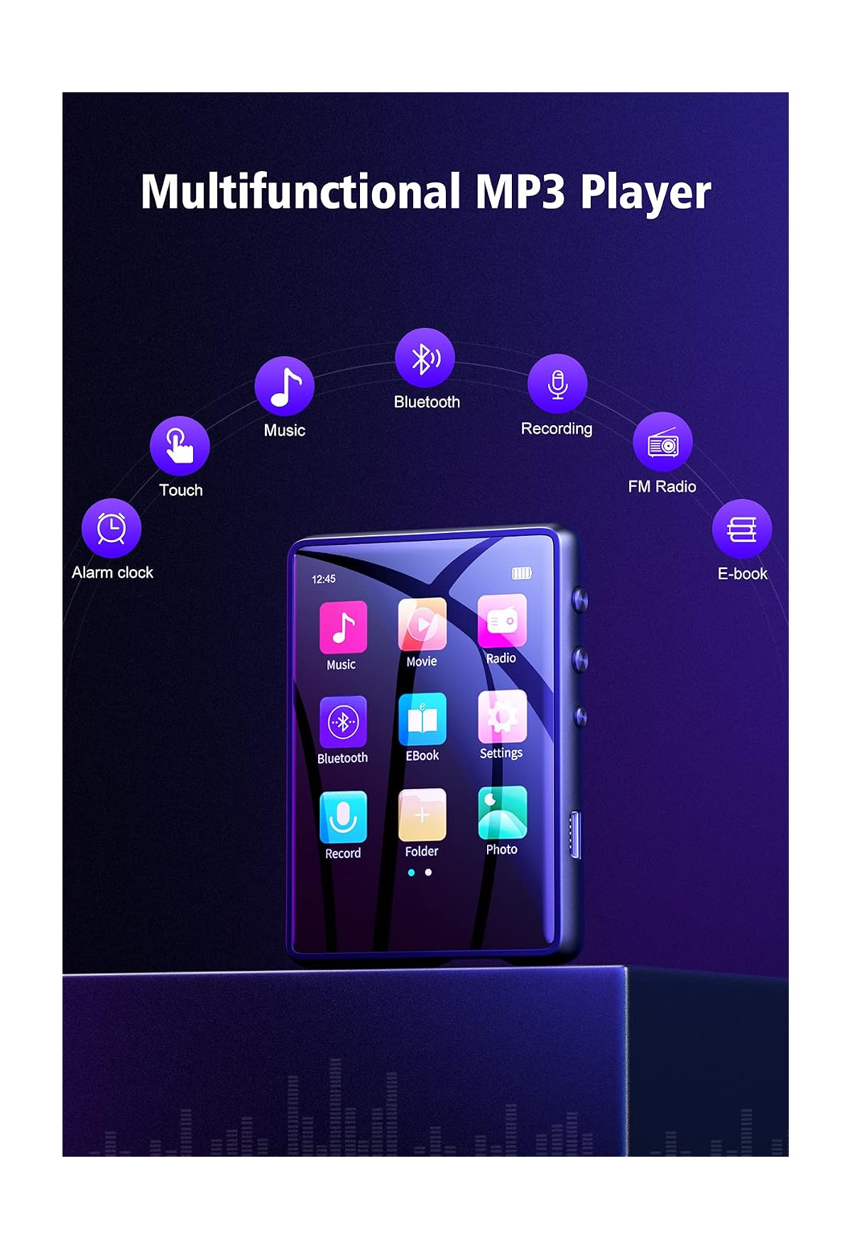 Ein blauer MP3-Player mit Touchscreen, umgeben von kreisförmigen Symbolen für Musik, Bluetooth, Radio und mehr.
