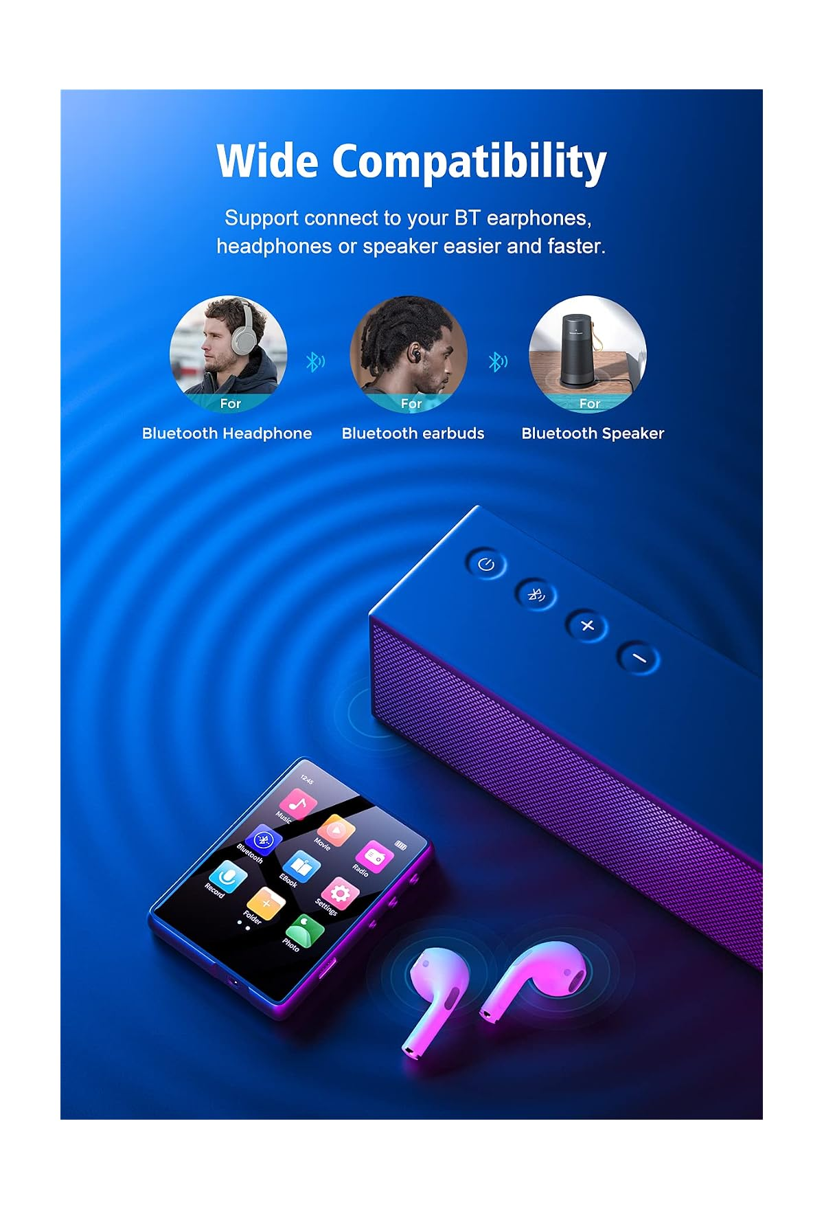 Ein MP3-Player verbindet sich über Bluetooth mit Kopfhörern und Lautsprechern vor blauem Hintergrund.
