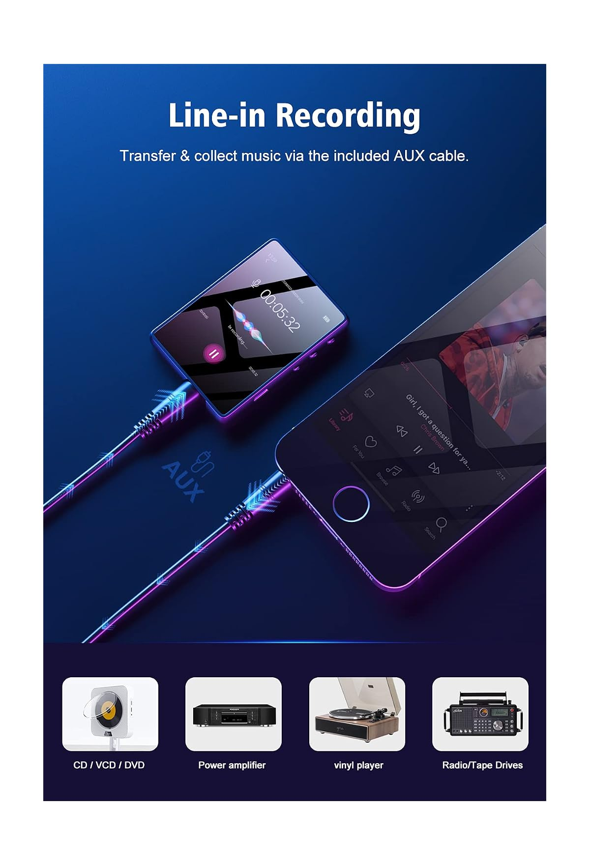 MP3-Player und Smartphone mit AUX-Kabel verbunden vor blauem Hintergrund.